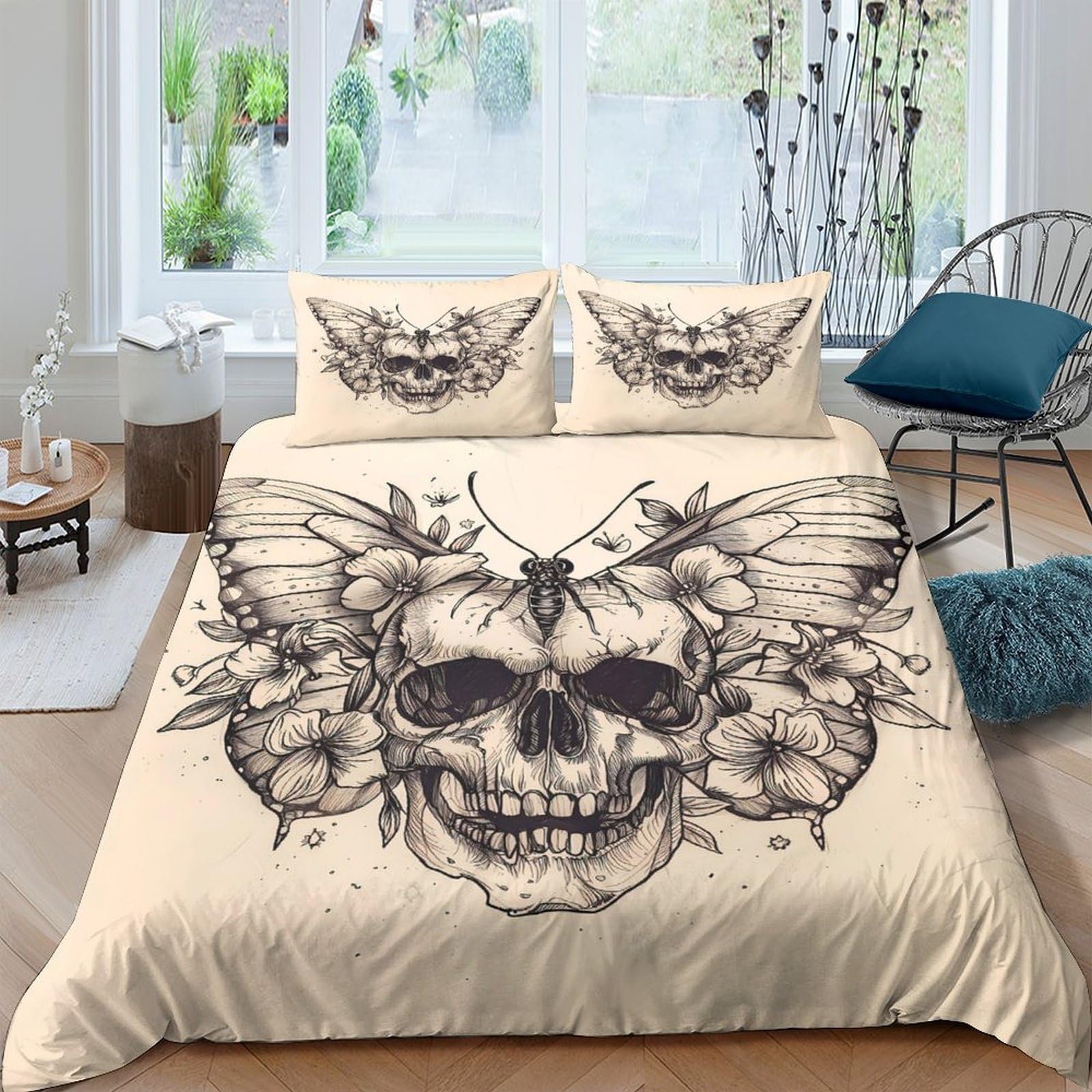 GPLZQXKJNH 3D Printed Skull Butterfly Duvet Cover Set Microfiber Soft Breathable Gothic Bedding Set with 2 Pillowcases for Bedroom Decor Single（135x200cm）