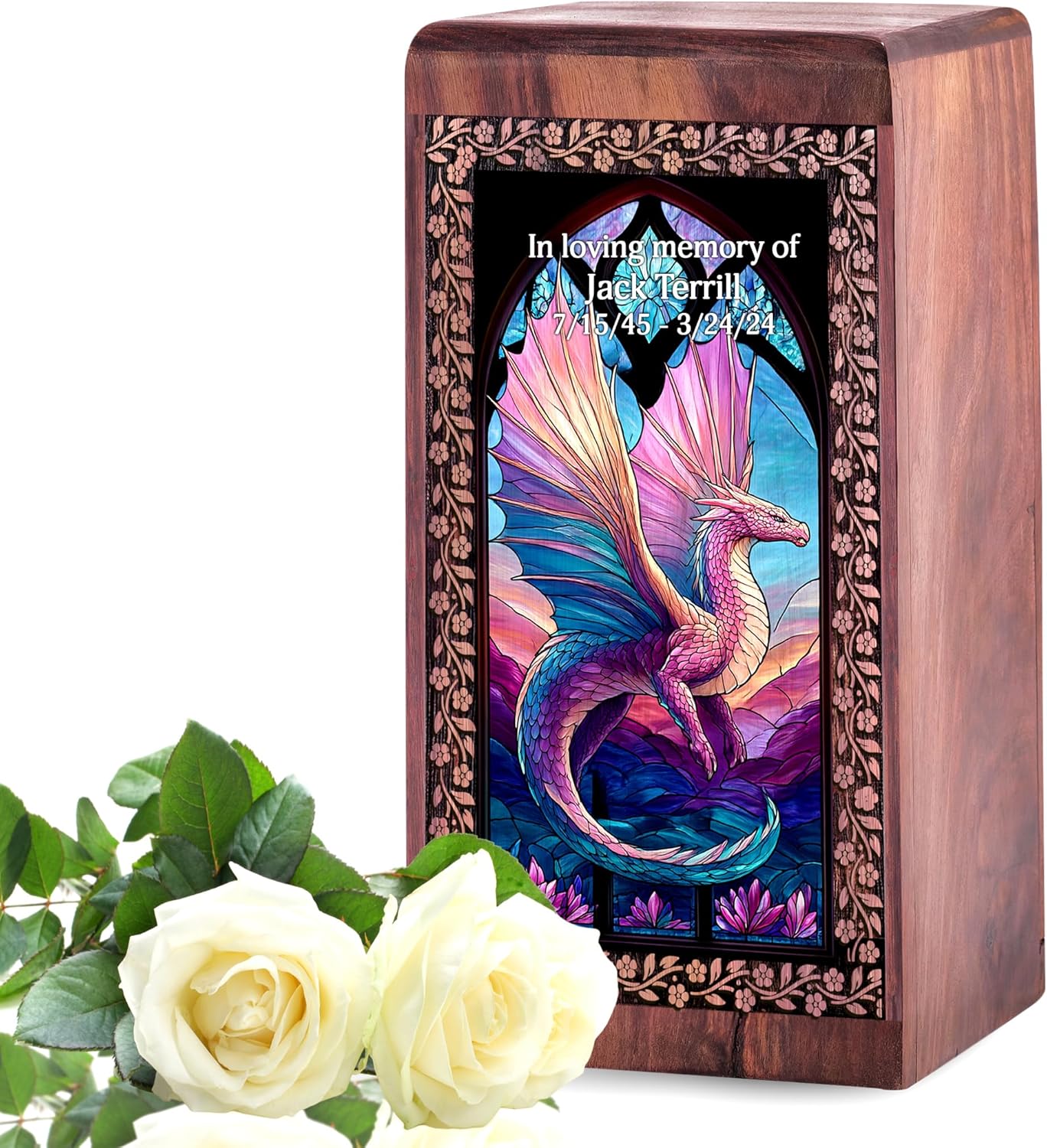 Dragon Urn for Ashes Adult Female - Blue Personalized Urns Wooden Boxes - Small Wood Container 5 Inch - Memorial Urn for Dad - Cremation Engraved Wooden Box - Funeral Urns for Human Ashes Adult Male