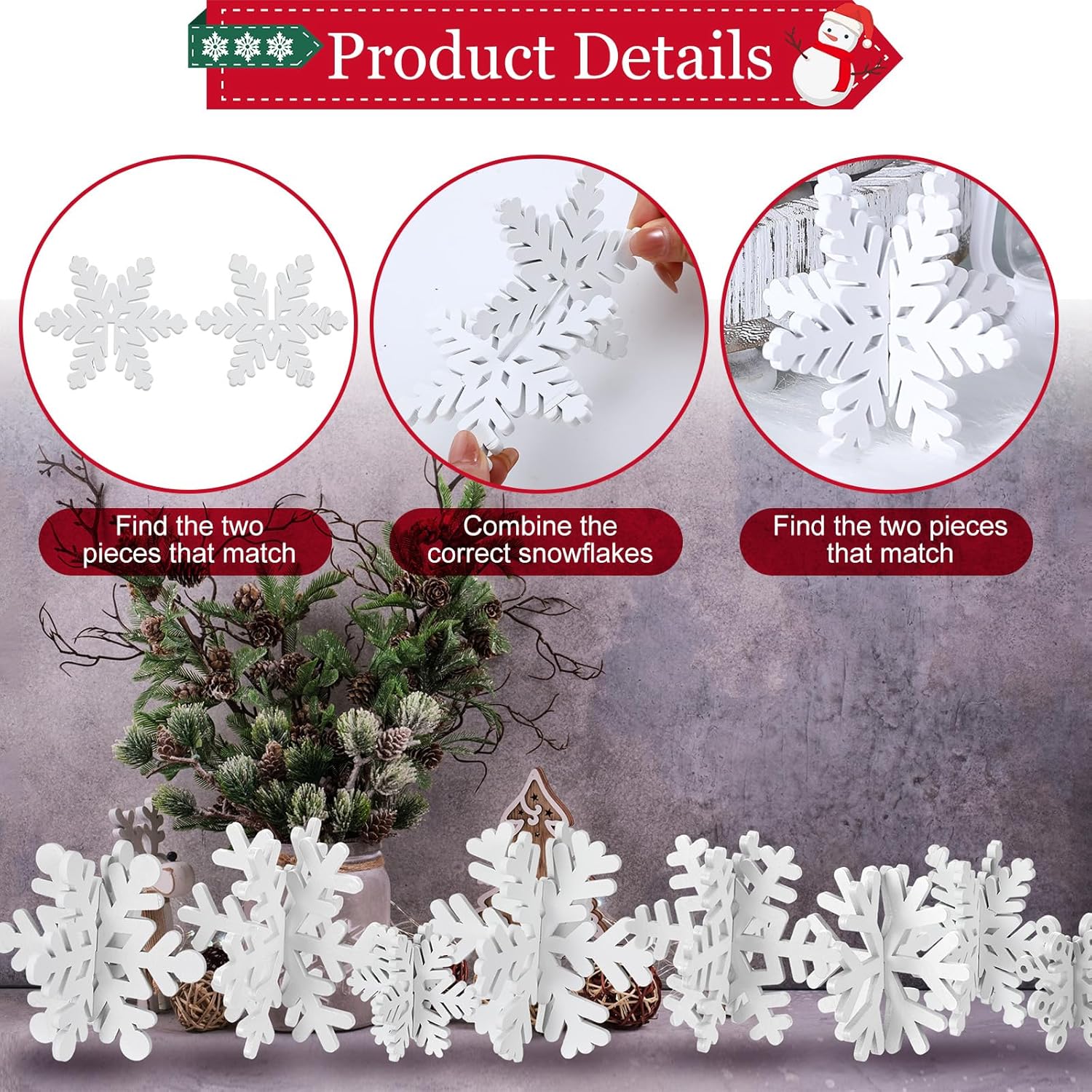 Wenqik 16 Pcs Winter Wooden Snowflake Decor Christmas Winter Snowflake Tabletop Decorations 3D Snow Table Signs Standing Centerpiece Xmas Tiered Tray Decorations for Party(White)