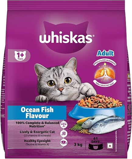 Whiskas Adult (1+ Years) Dry Cat Food, Ocean Fish Flavour, 3 kg, Contains 41 Essential Nutrients, Complete &amp; Balanced Nutr...