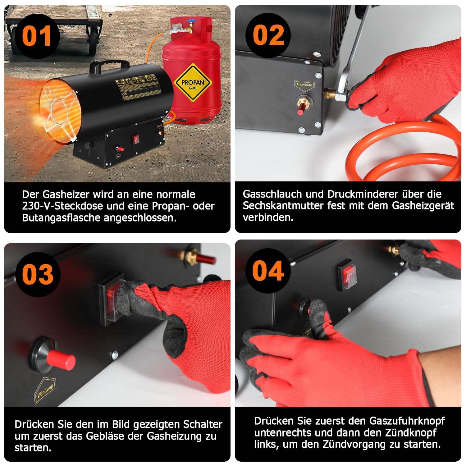 Eulenke 10 kW Gasheizgebläse Gasheizer Luftdurchsatz 320 m³/h, Gasheizstrahler inkl. Gasschlauch & Druckminderer, Heizkanone Heißluftgenerator Bauheizer mit Überhitzungsschutz