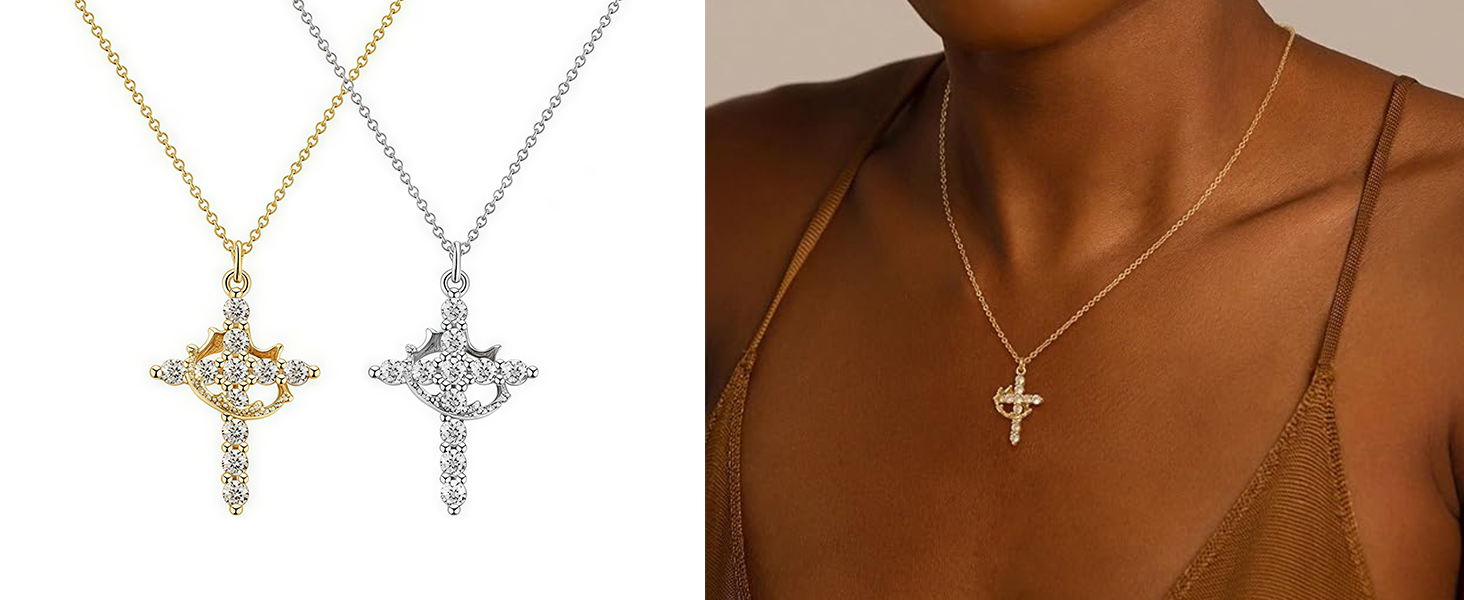 Hiqmic 925 Sterling Silver Crown Pendant Necklace - Gold/Silver Plated With Cubic Zirconia, 16-Inch Chain - View #3