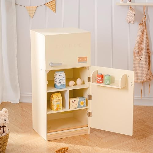 ROBOTIME Play Kitchen - Refrigerador de juguete de madera con accesorios, juego de cocina para niños y niños pequeños, congelador con comida para