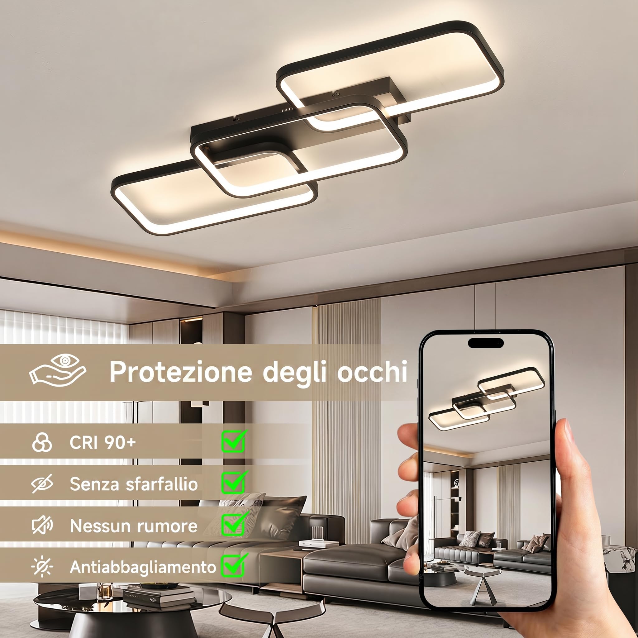 OTREN Plafoniera LED Soffitto Dimmerabile 60W 82 cm con Telecomando | Lampadario Moderno 3000-6500K con Memoria, Luce Notturna e Timer per Soggiorno, Camera da Letto, Cucina