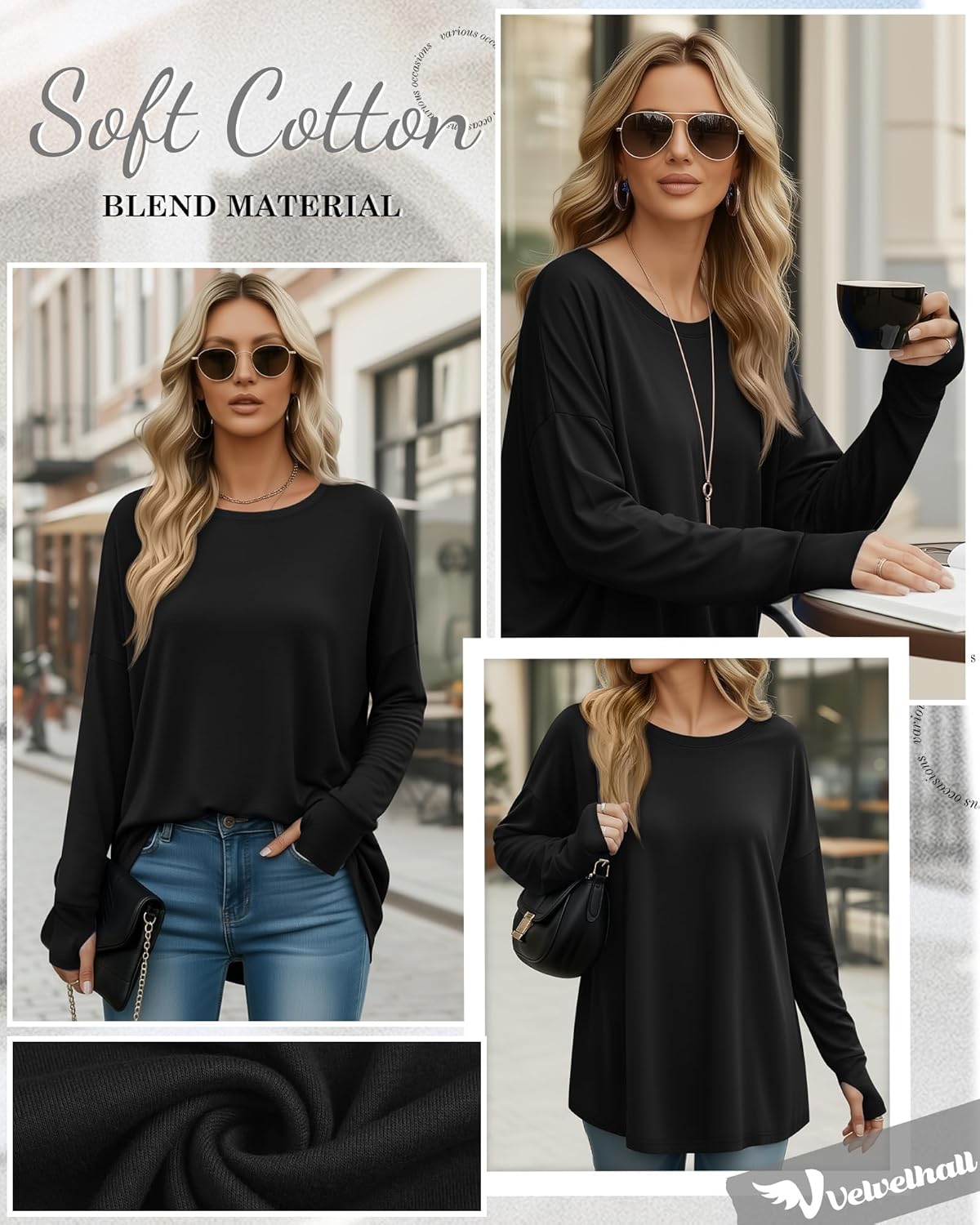 95% Cotton Long Sleeve Shirt for Women, Thumb Hole Oversized Tunic Tops, Crew Neck Loose Fit Trendy Basic Tees - Image 4