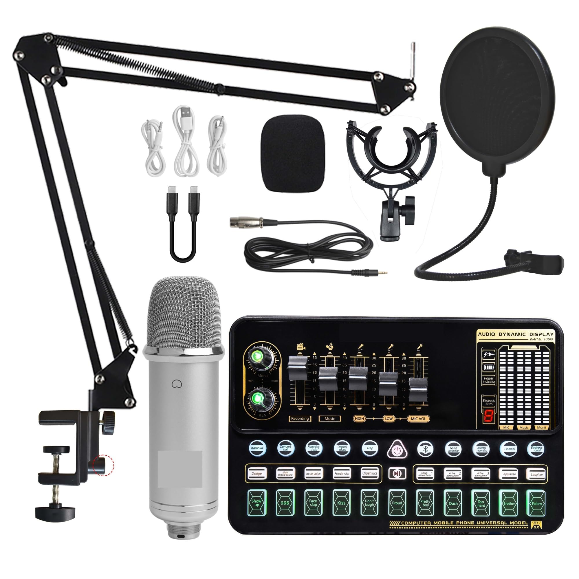 Attrezzatura per podcast Kit scheda audio for microfono a condensatore con braccio a forbice regolabile for microfono Studio professionale Wireless Karaoke MIC Born for Live Streaming(White WXH1000 Su