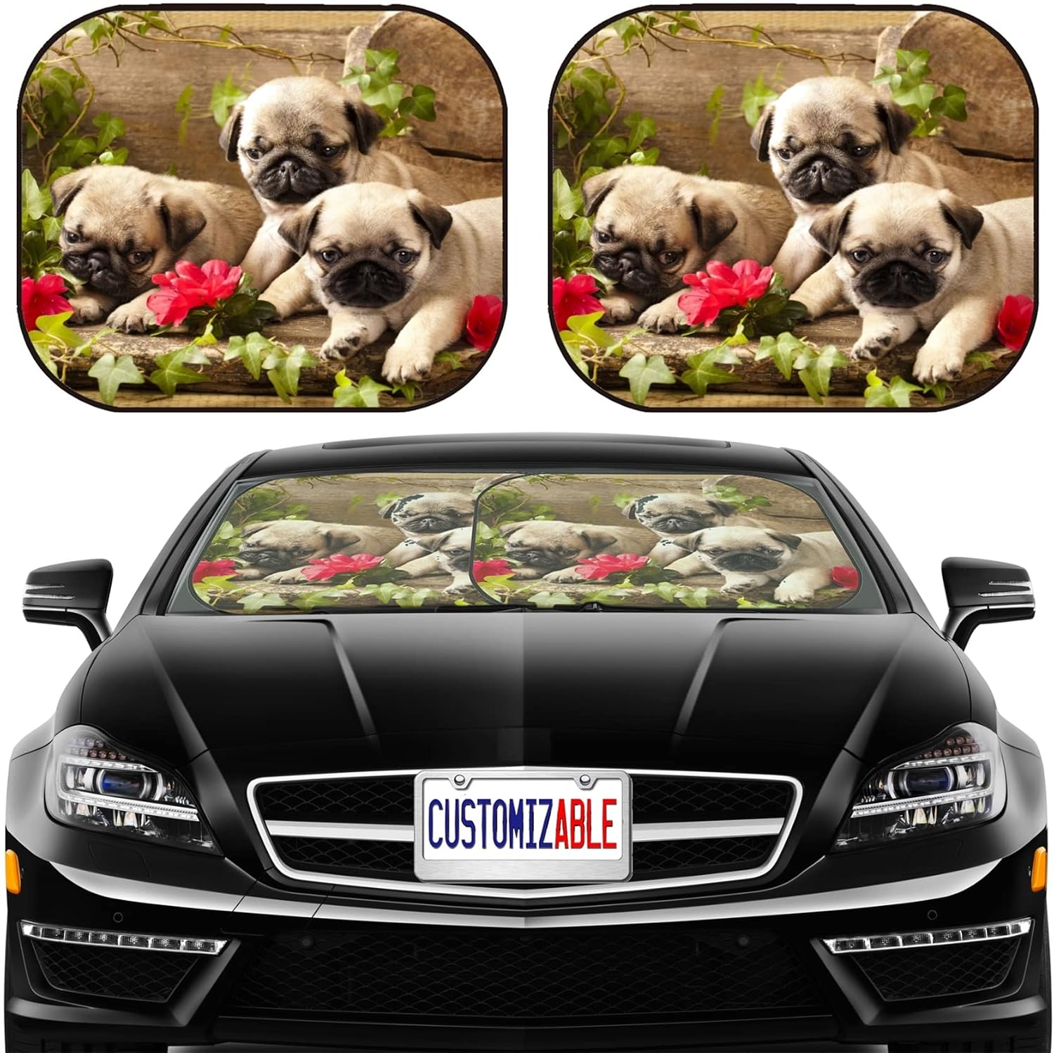 MSD Car Sun Shade Windshield Sunshade Universal Fit 2 Pack, Block Sun Glare, UV and Heat, Protect Car Interior, Image ID: Pug Puppies and Flowers in Retro backgraun Image 19089092 Stain Re