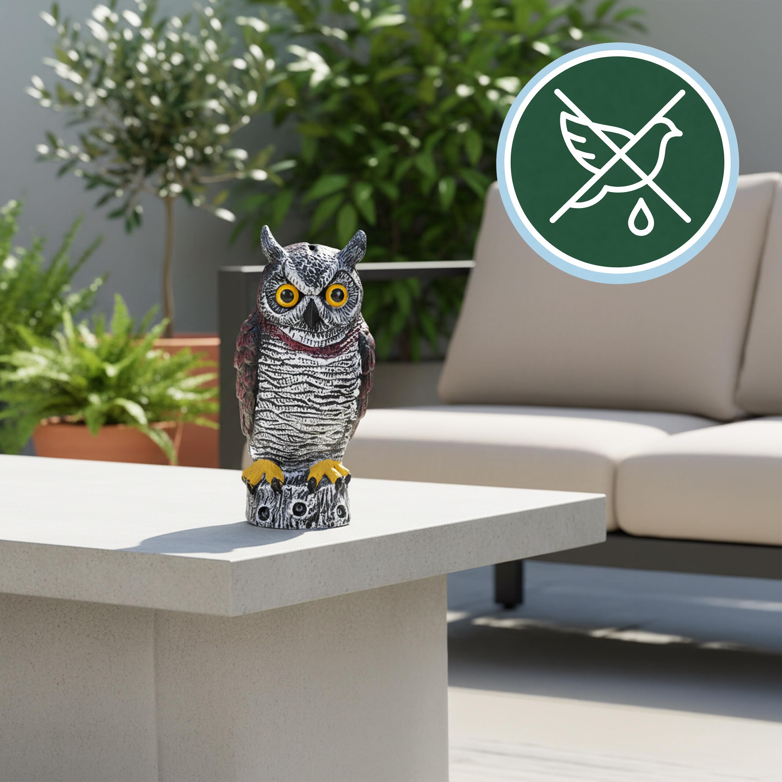 Relaxdays scacciauccelli Gufo, plastica, Base Stabile, 34x17x16 cm, Giardino/Balcone, Anti-piccioni, Marrone/Bianco