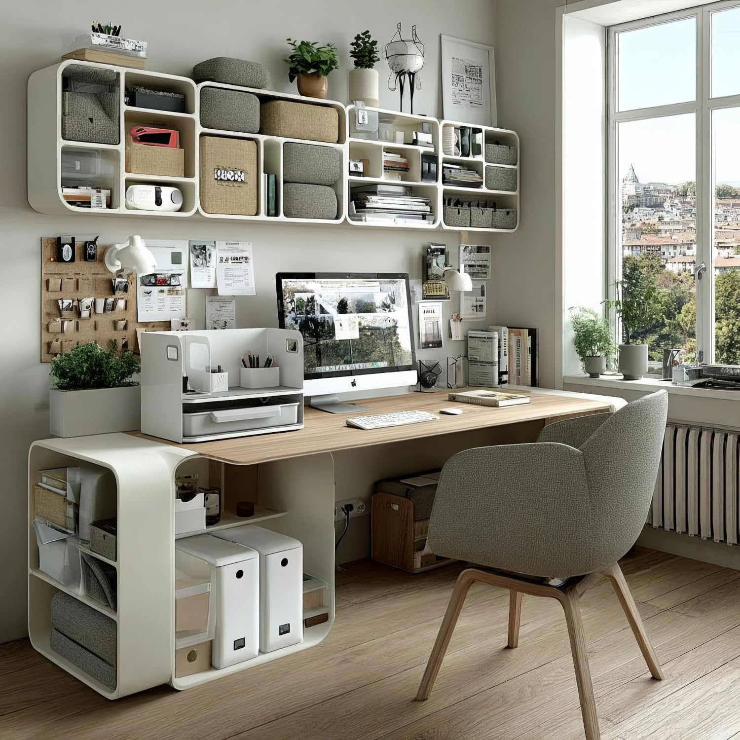 Organizzatore da scrivania con ricarica wireless Qi, cassetto e fermalibri per articoli da ufficio Stazione di ricarica Qi Organizzatore per ufficio Vassoio per ufficio fino a 10 kg Bianco