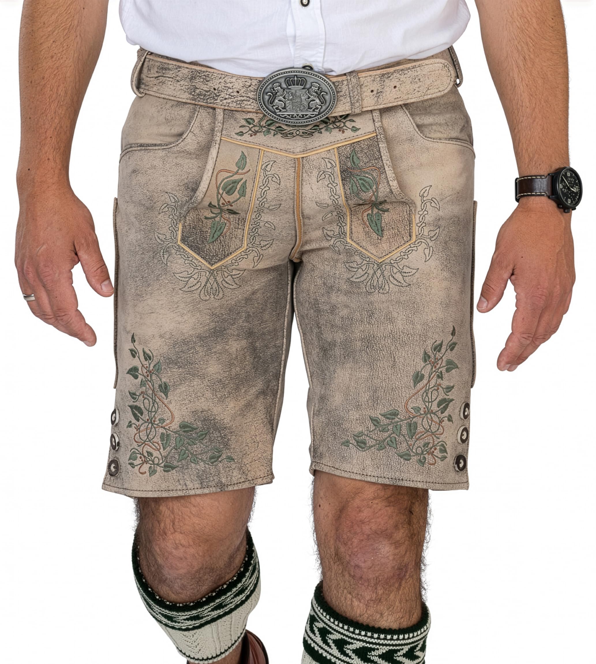 Schöneberger Trachten Couture Herren Lederhose kurz, Nubuk-Leder Trachtenhose für Oktoberfest, Trachtenlederhose gespeckt Sepp