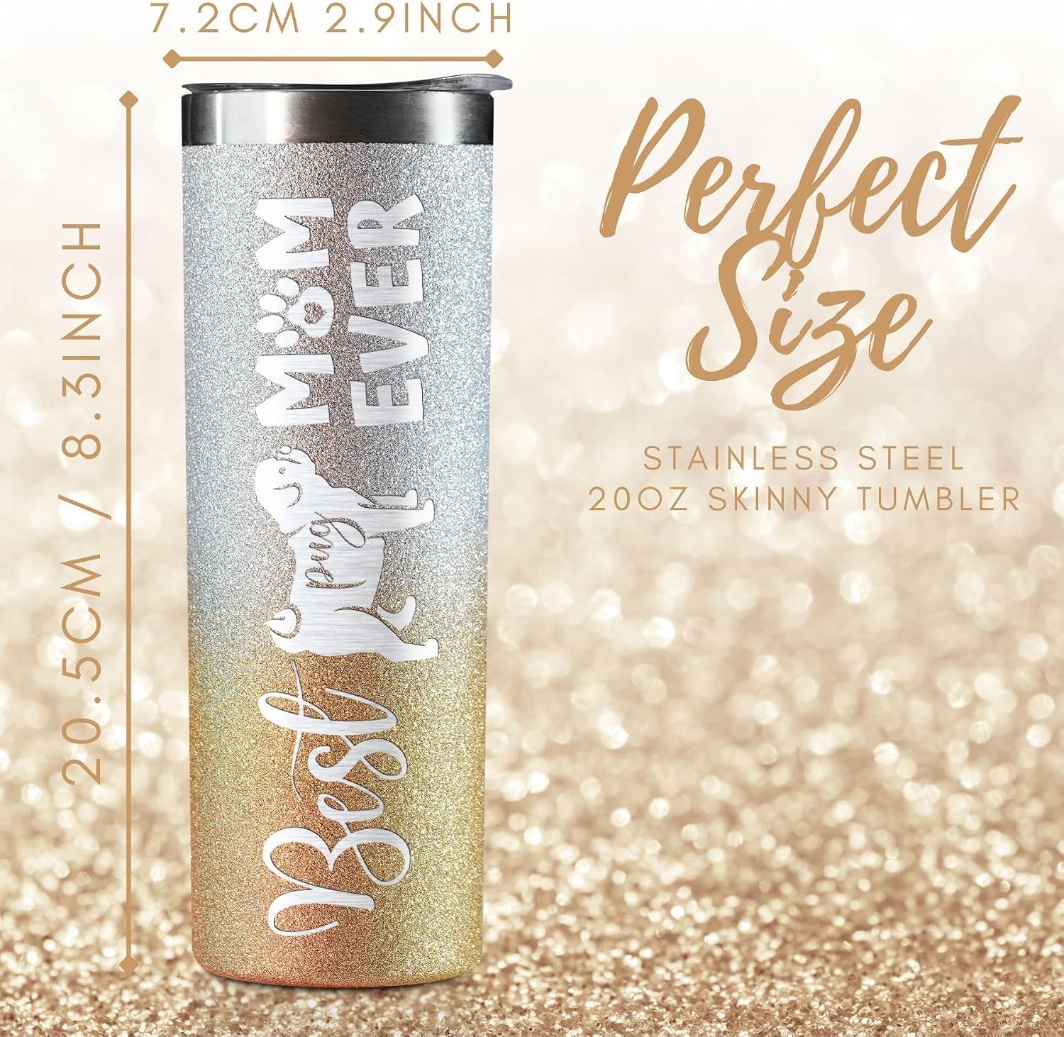 Onebttl Pug Gifts for Pug Lover, Best Pug Mom Ever, Unique Christmas Gifts for Dog Mom, Dog Owner, 20Oz Skinny Tumbler Glitter Gold & Silver