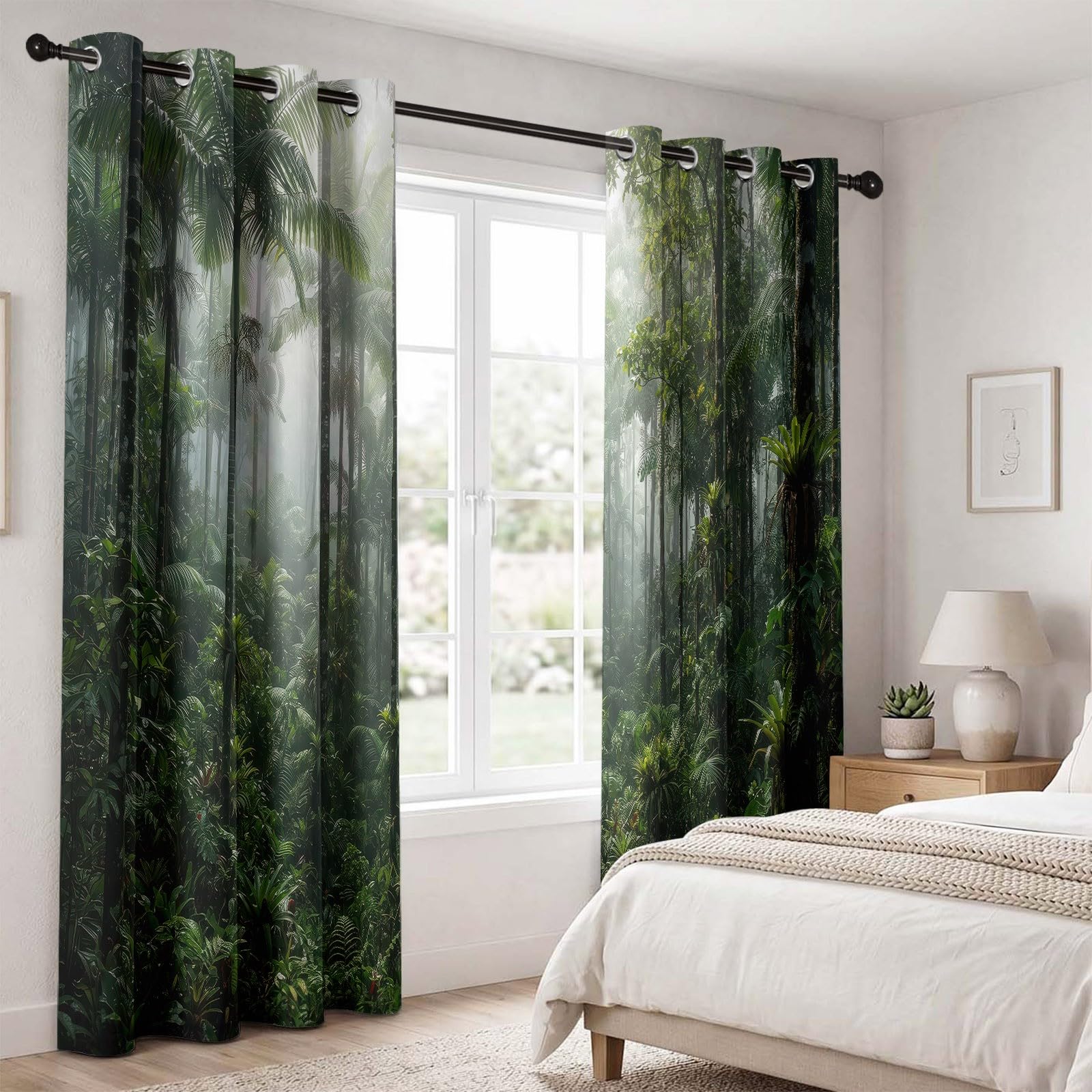 Rideaux Occultant Forêt Espace, Rideaux Occultant Troncs De Palmiers Tropicaux Rideau Thermiques Isolant Anti Froid et Chaleur Rideau à Oeillets pour Salle De Bain, 2 PCS, 91.5L X 160H cm