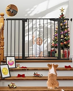 Cumbor 29.7-48" Baby Gate for Stairs, Mom's Choice Awards Winner-Dog Gate for Doorways, Auto Close Safety Pet Gate for Dogs Indoor, Easy Install Pressure Mounted Child Gate with Walk Thru Door, Black