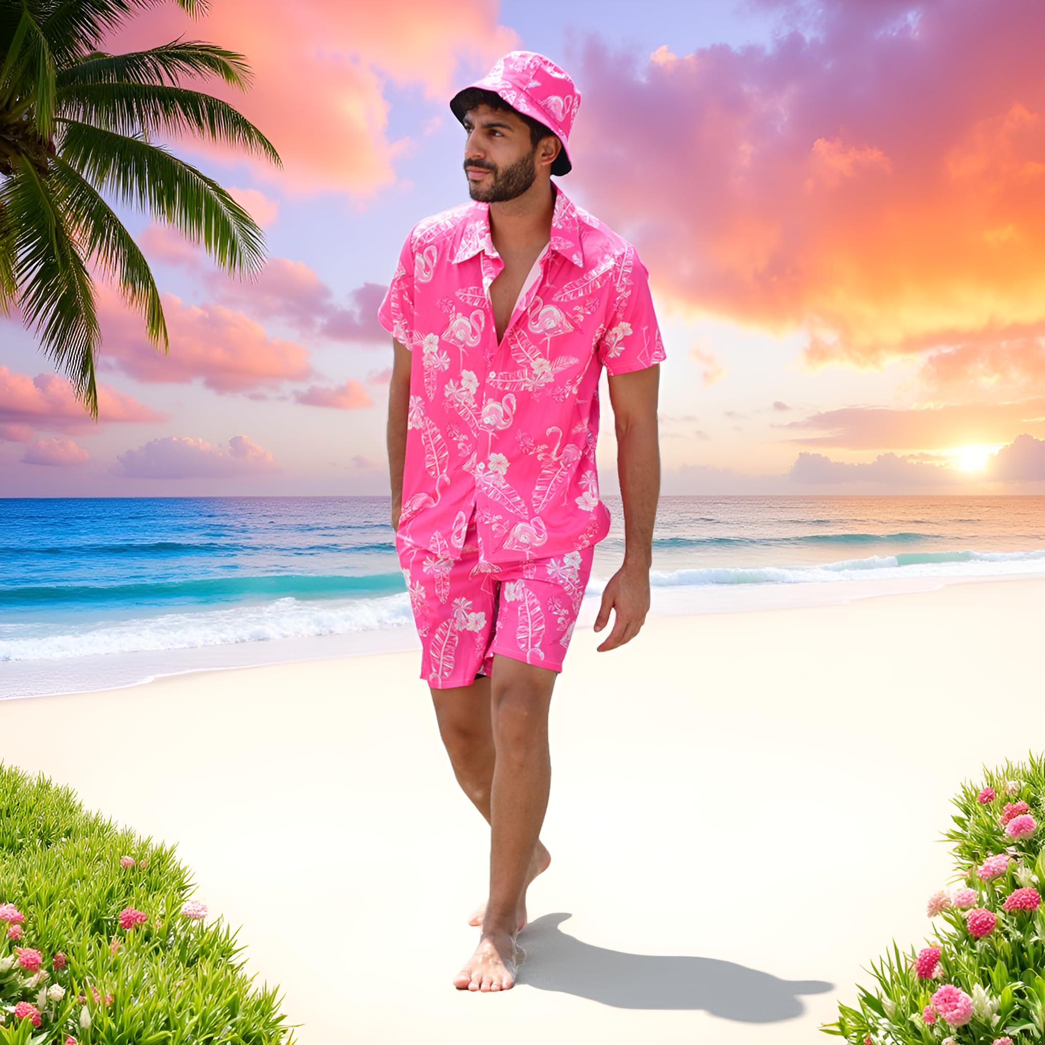 Camicia hawaiana da uomo, 3 pezzi, vestito hawaiano, da uomo con camicia a fenicottero, cappello da pescatore, abbigliamento per il tempo libero, set di camicie da uomo