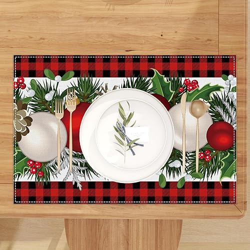 Miniatura 4 de Juego de 4 manteles individuales de lino rojo y negro a cuadros de búfalo para decoración de mesa de cocina