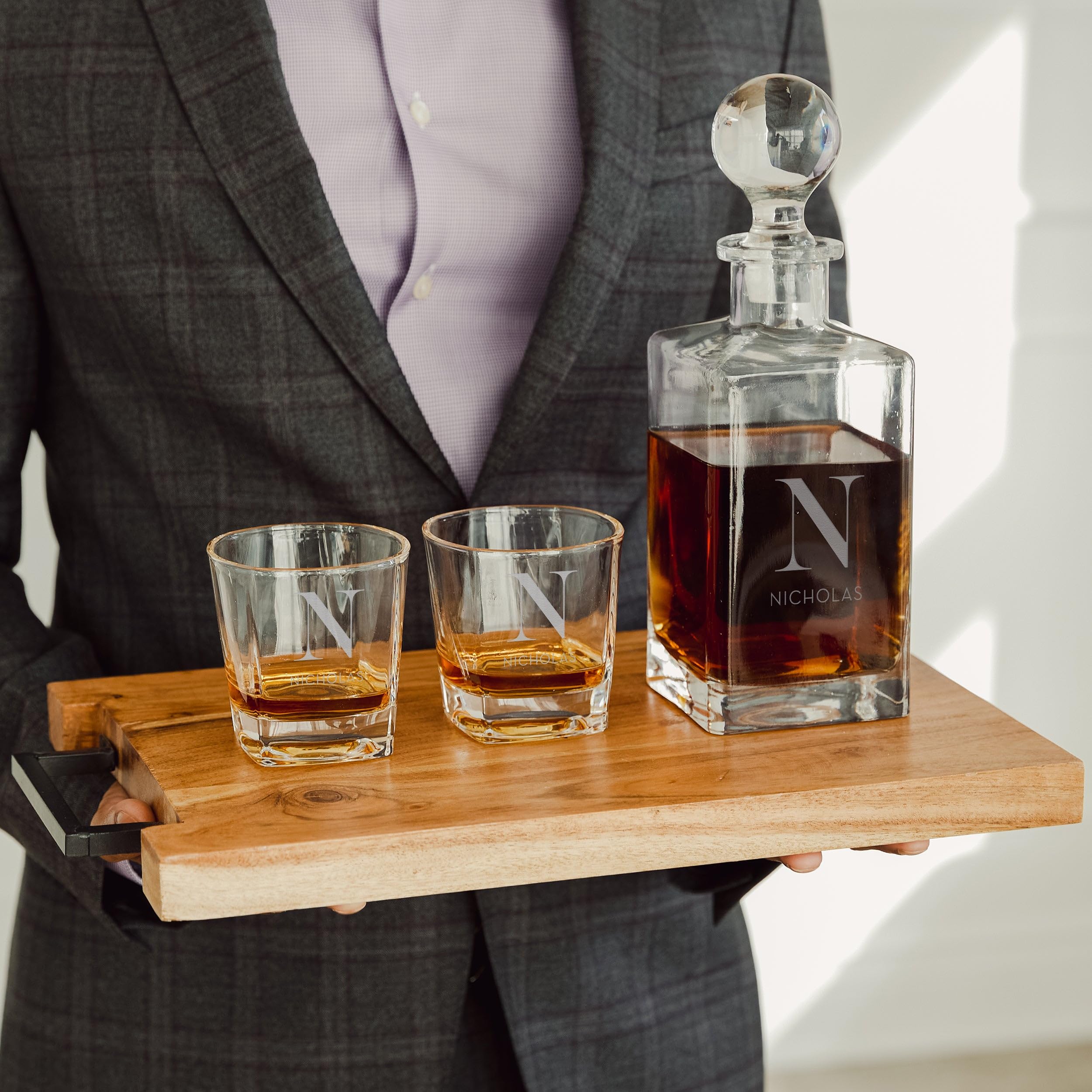 Weddingstar Personalized Engraved Whiskey Decanter Gift Set | Square Glass Bottle with Stopper and 2 Glasses - Modern Serif Initial
