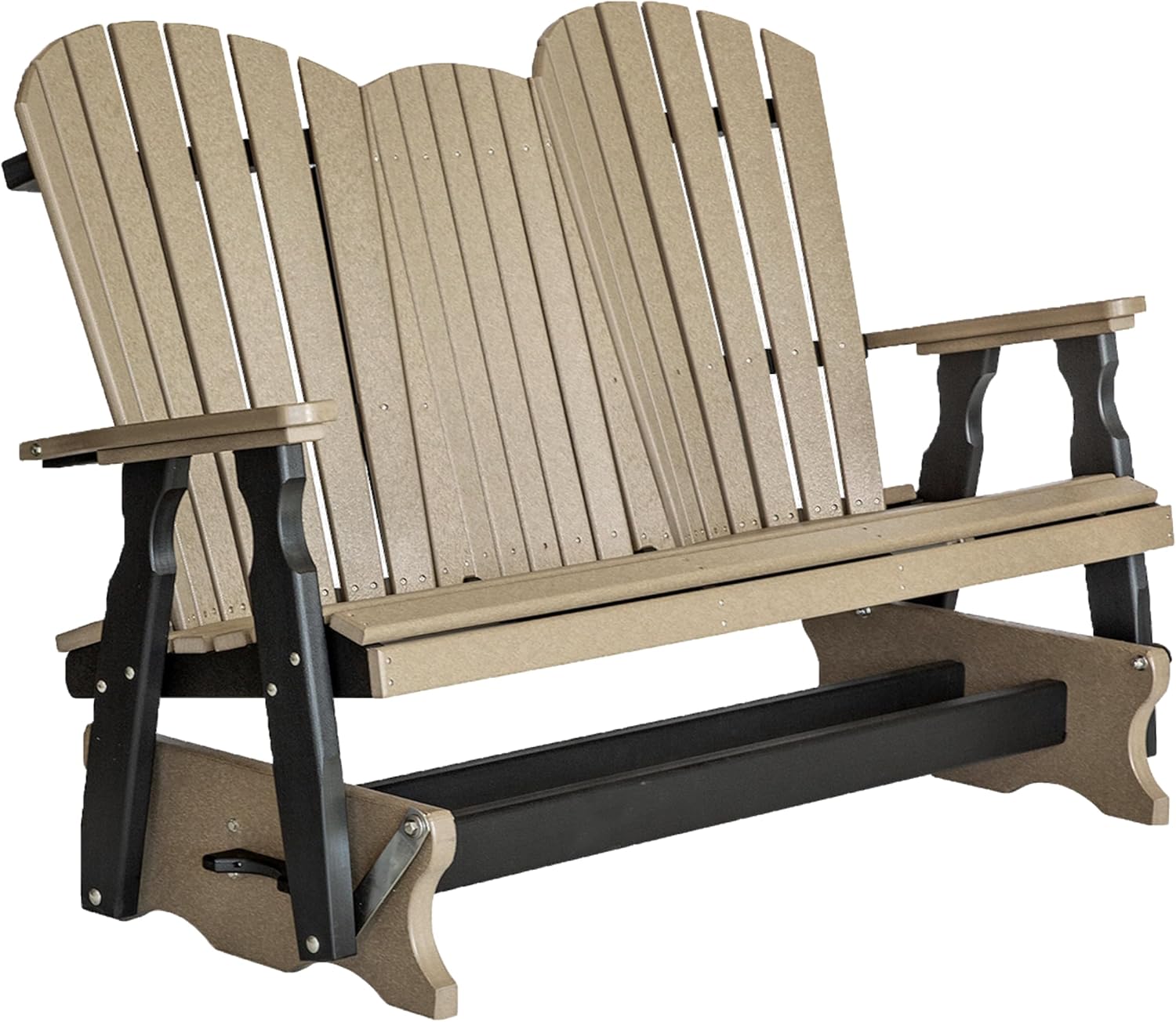 DutchCrafters Poly 5' Fanback Adirondack Double Glider with Table, Double Glider Bench for Outside Patio, Outdoor Glider Bench (Weatherwood & Black)