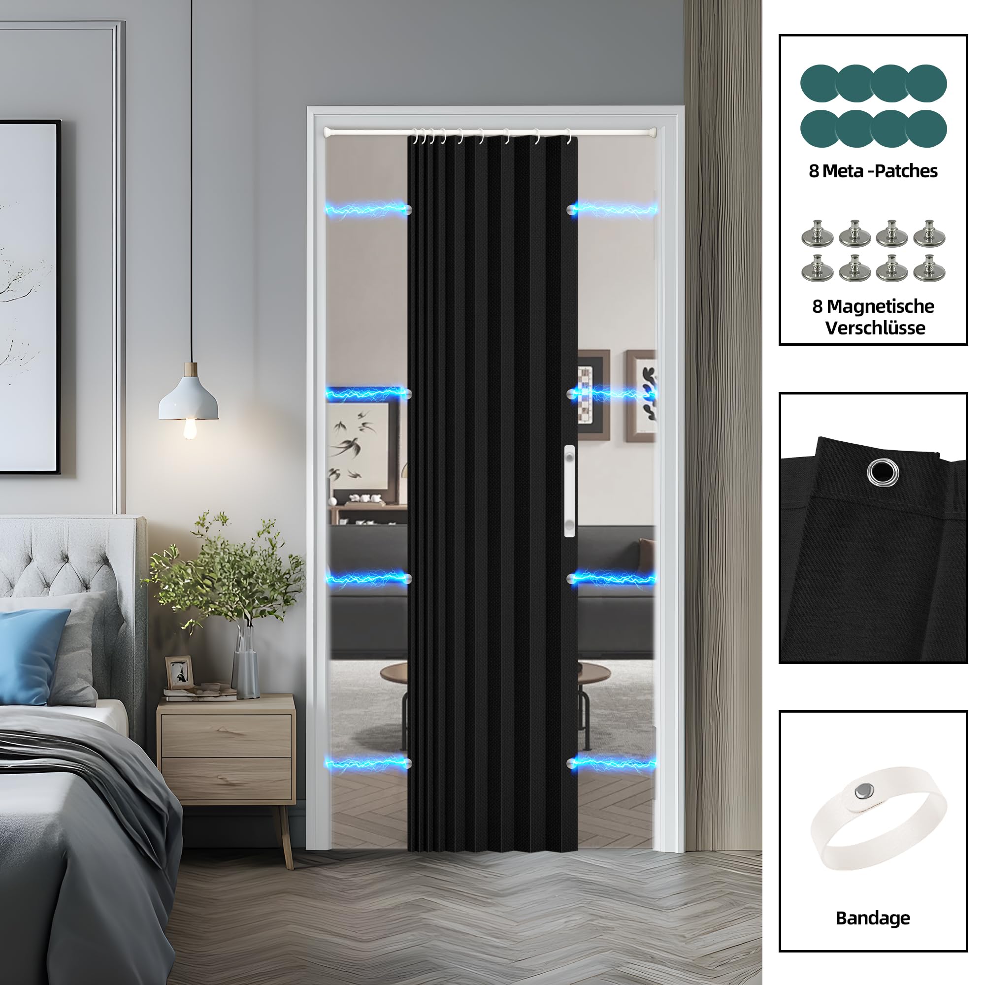 Rideau de porte magnétique avec occultation, séparateur d'espace pliable pour salle de bain/chambre/salon, design accordéon (Noir)'