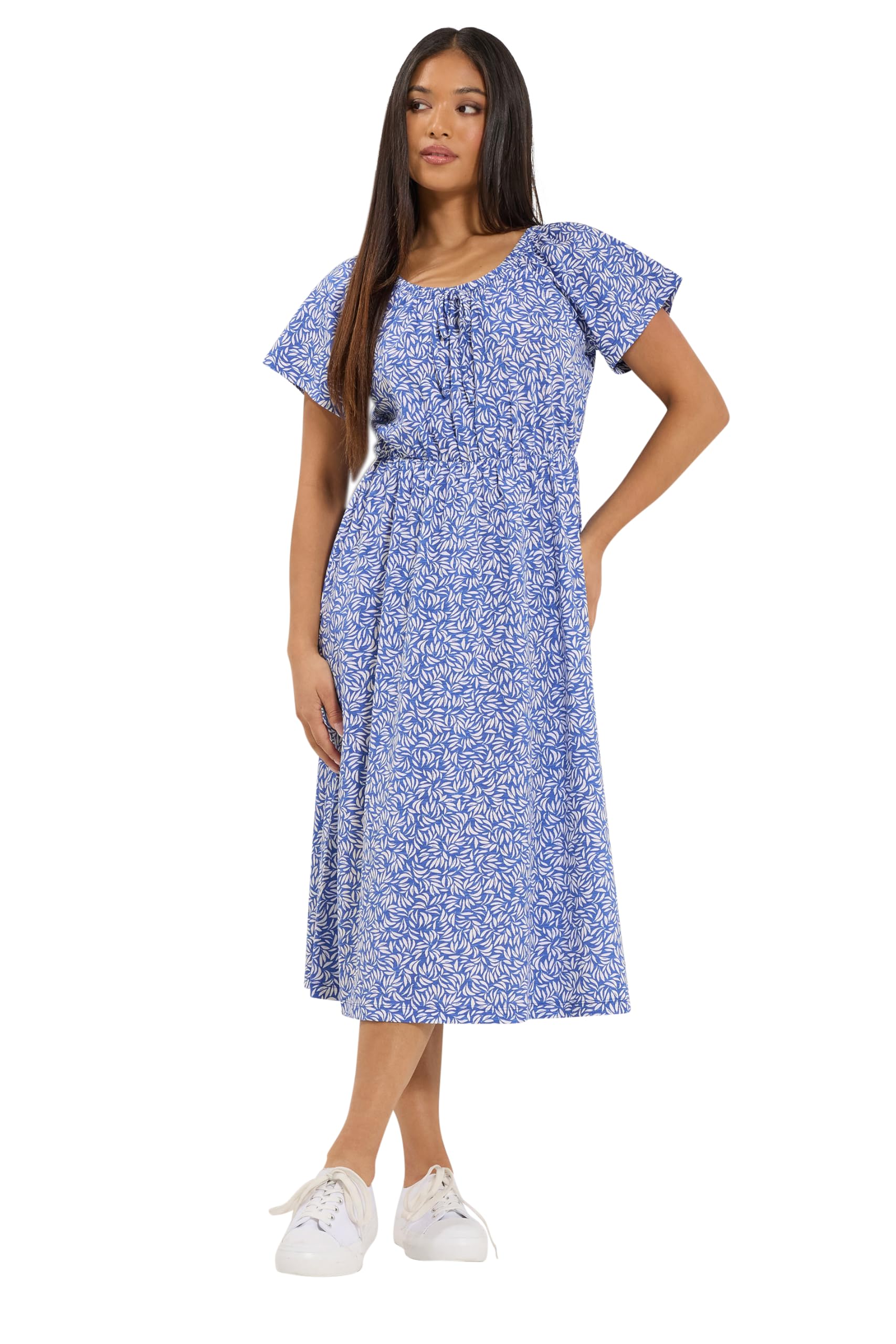 M&Co Women's Blue Petite Leaf Print Tie Neck Cotton Midi Dress In Size 10