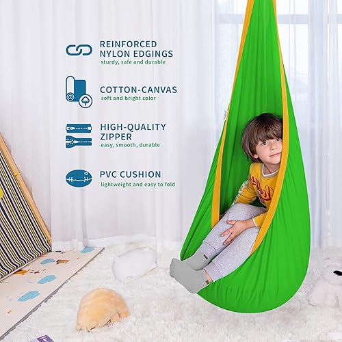 Miniatura 3 de OUTREE Asiento de columpio para niños, hamaca de algodón para niños, columpio sensorial para uso en interiores y exteriores, verde y amarillo