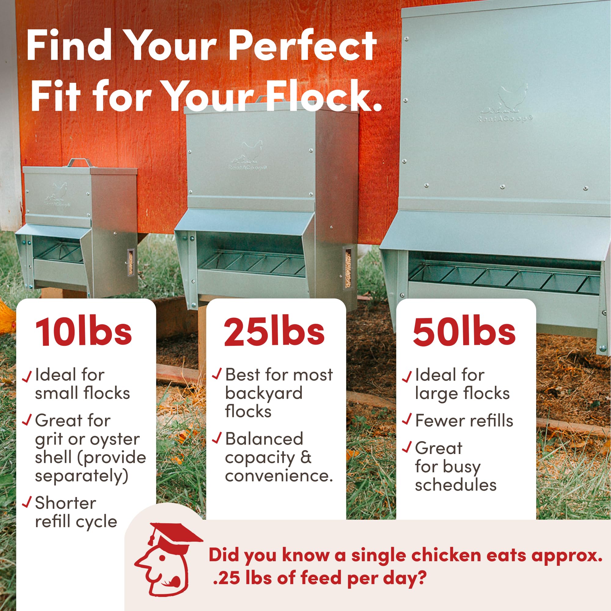 RentACoop Comedero galvanizado para pollo, dispensador de alimentos para aves de corral resistente a la intemperie con tapa, capacidad de 25 libras