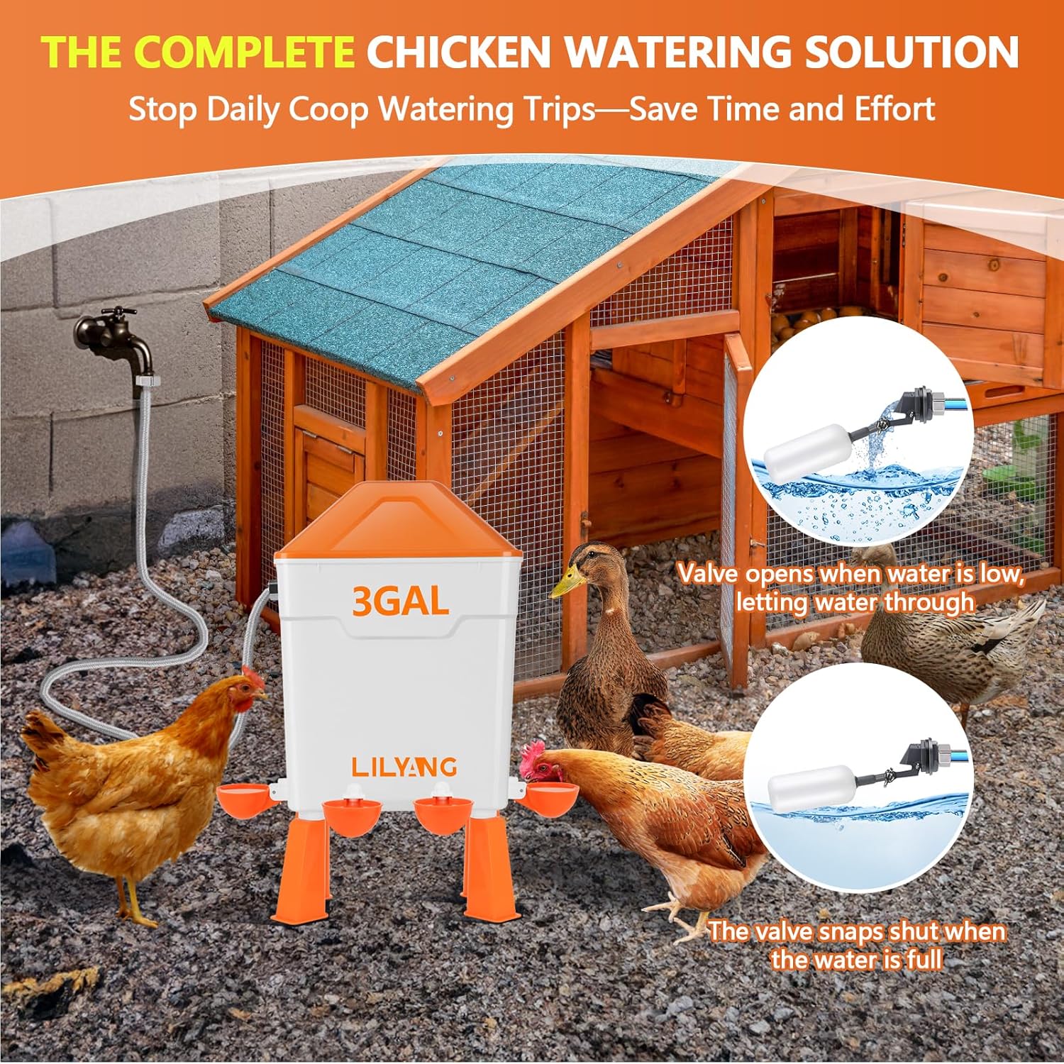 Lilyang Automatic Chicken Waterer 3 Gallon | Float-Control Auto Waterer, Hanging/Standing Design, Connect to 3/4'' Faucet & Hose, Effortless Hydration Solution for Backyard Coop & Small Farm