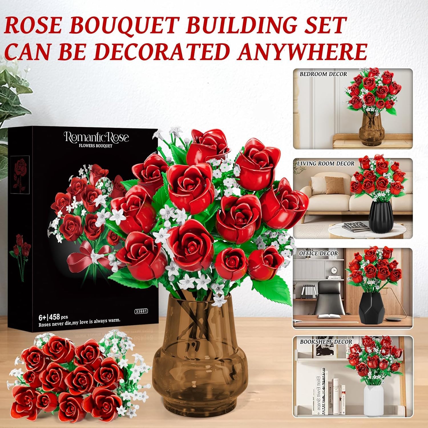 Assembled rose bouquet displayed in various home and office settings