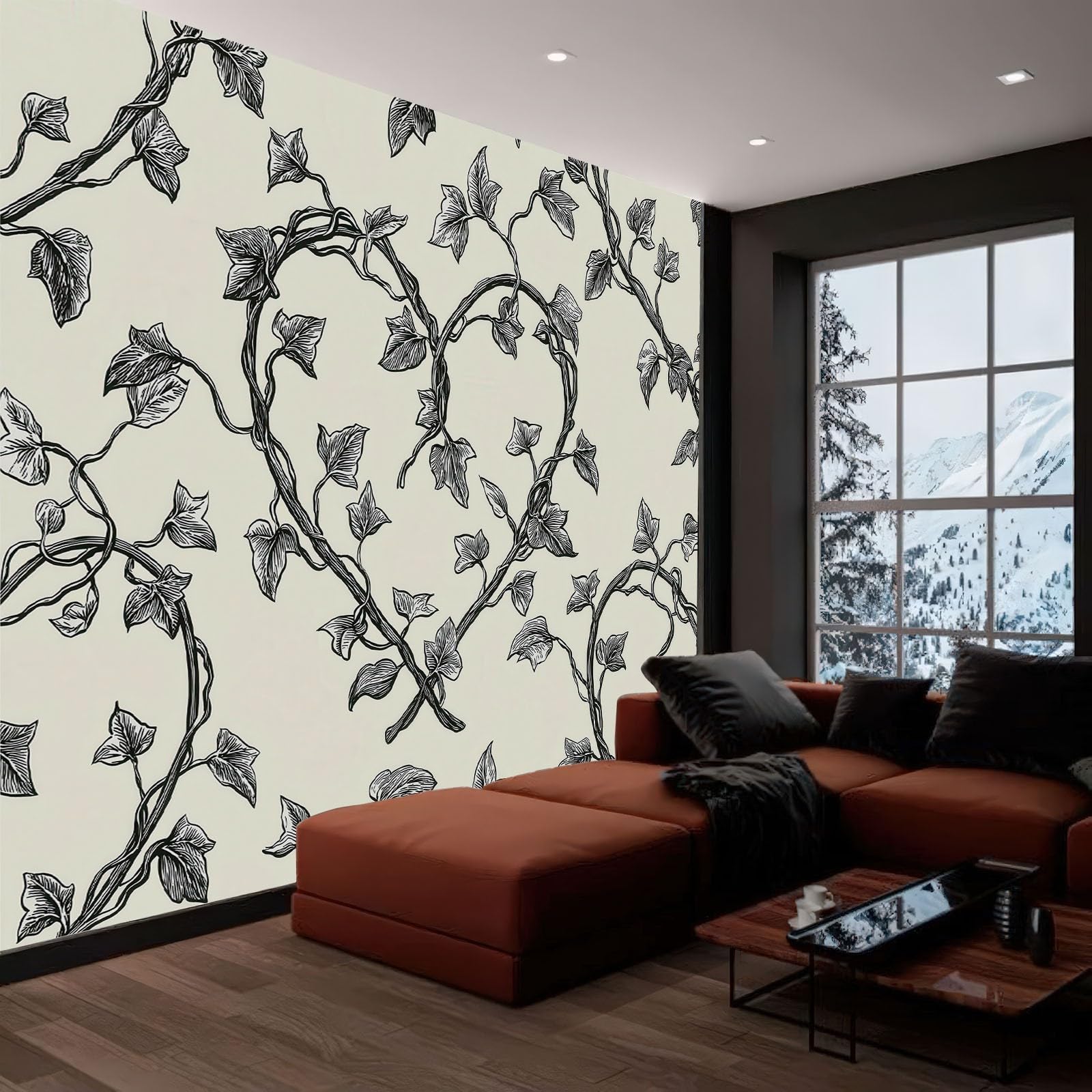 Akwarela rozpryskowa fototapeta 450 x 315 cm mural ścienny, beżowa fototapeta roślina w kształcie serca bluszcz salon sypialnia motyw hotelu sofa tło telewizora dekoracja papierowa fototapeta