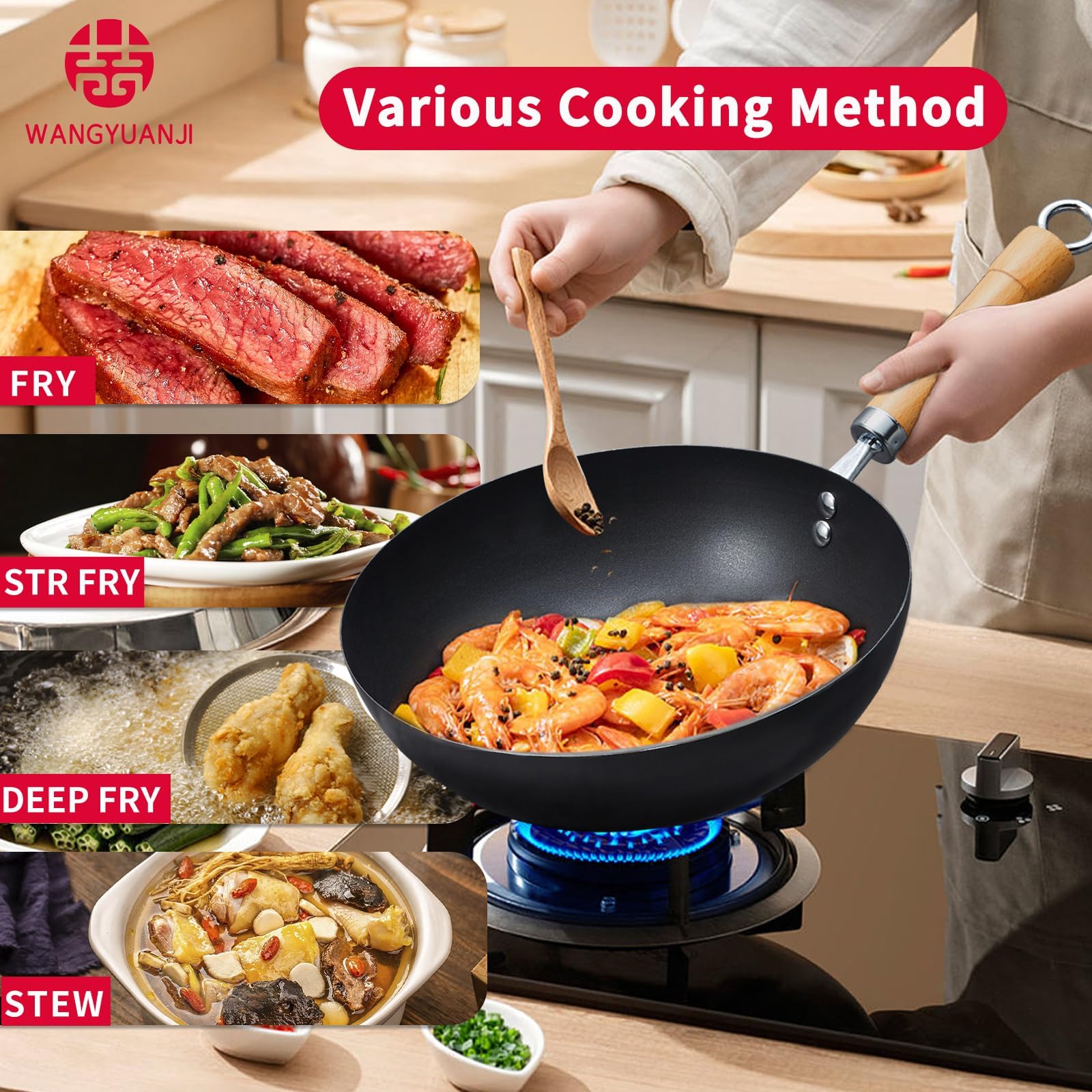 Wok in Ferro da 28 cm/3,5 L Con Coperchio e Bocca per Versare, Acciaio al Carbonio Senza Rivestimento Chimico, Grande Capacità per Tutti i Piani Cottura, Adatto per 2-4 Persone