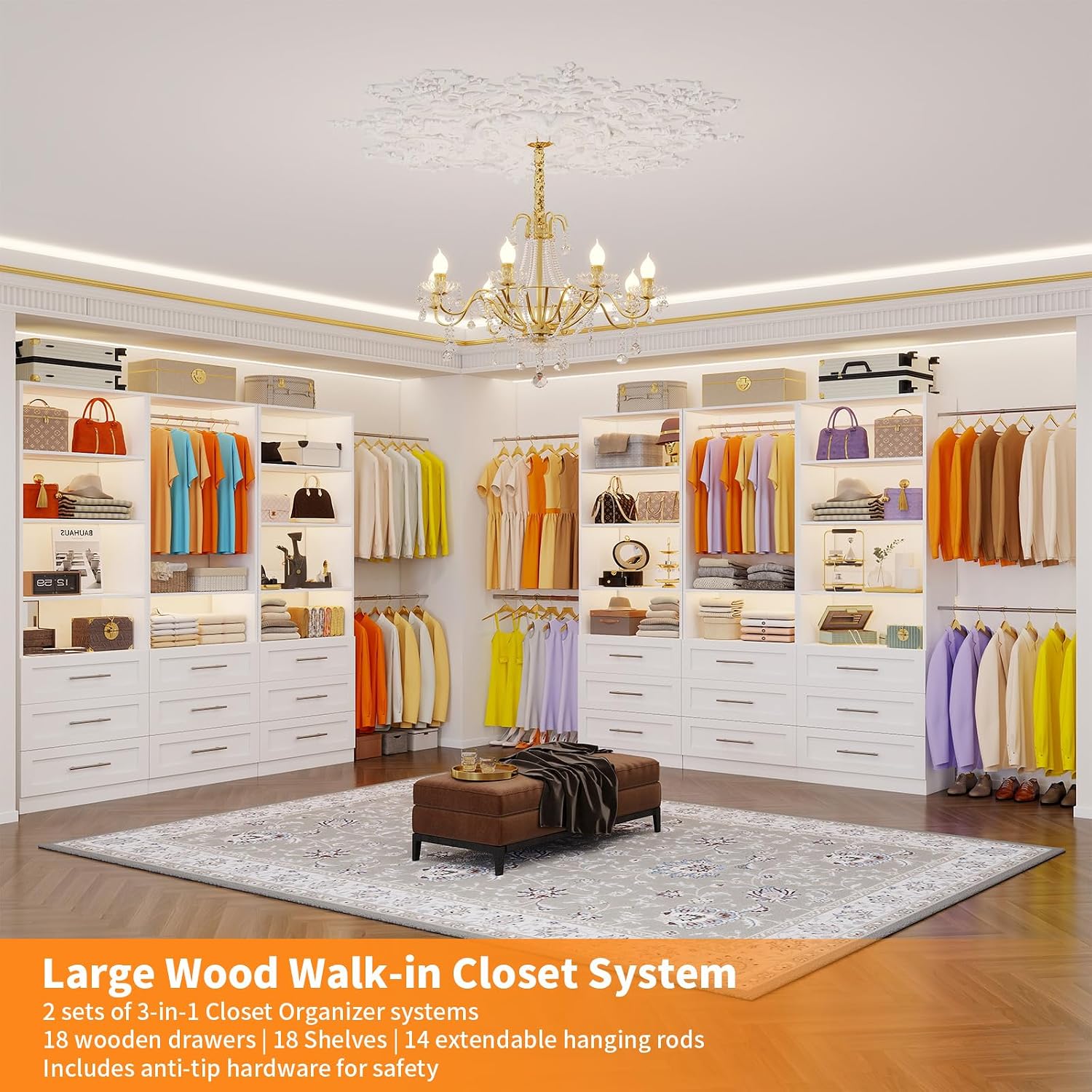 Closet System with 9 Drawers & 9 Shelves, 244'' Max Closet Organizer System, Walk-in Closet System with 7 Adjustable Hanging Rods, DIY Modular Built-in Closet System (3 Sets)