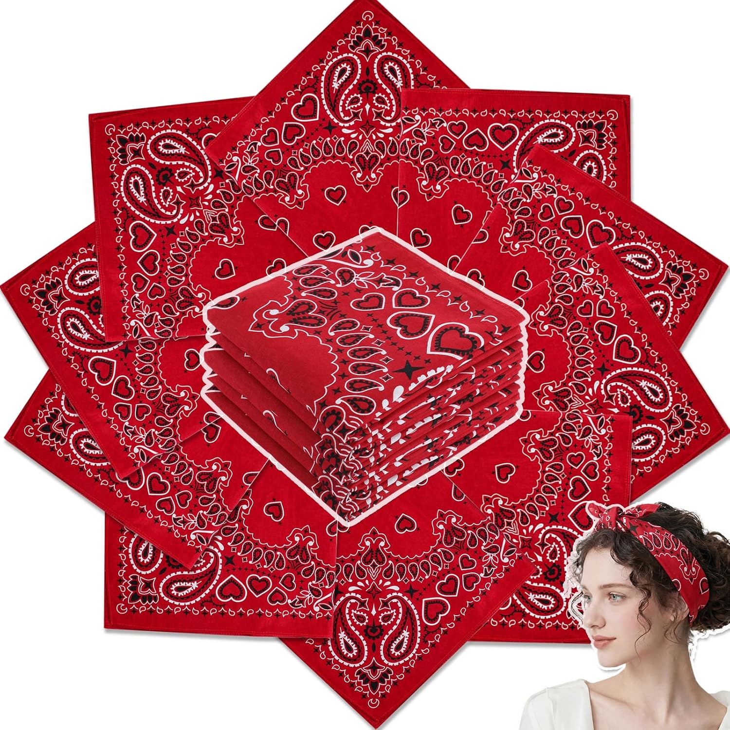 Cuffbow 12 Pcs Cotton Paisley Bandana Bulk 100% Cotton 22 x 22 Inch Bandanas Heart Pattern Headband for Party Women Men