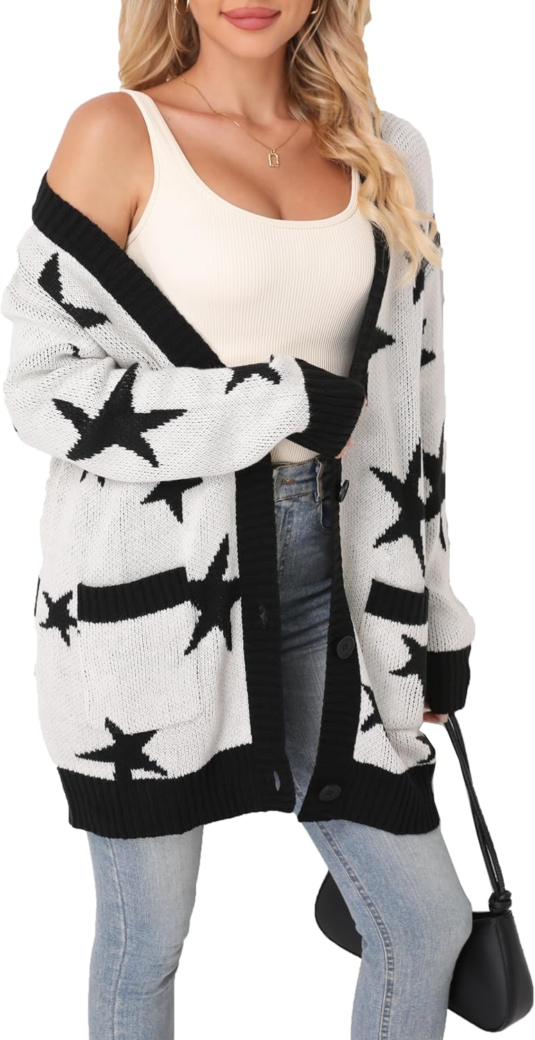 Women's Long Sleeve V Neck Bow Jacquard Knit Sweater 2025 Open Front Cardigan Button Loose Outerwear - Image 2