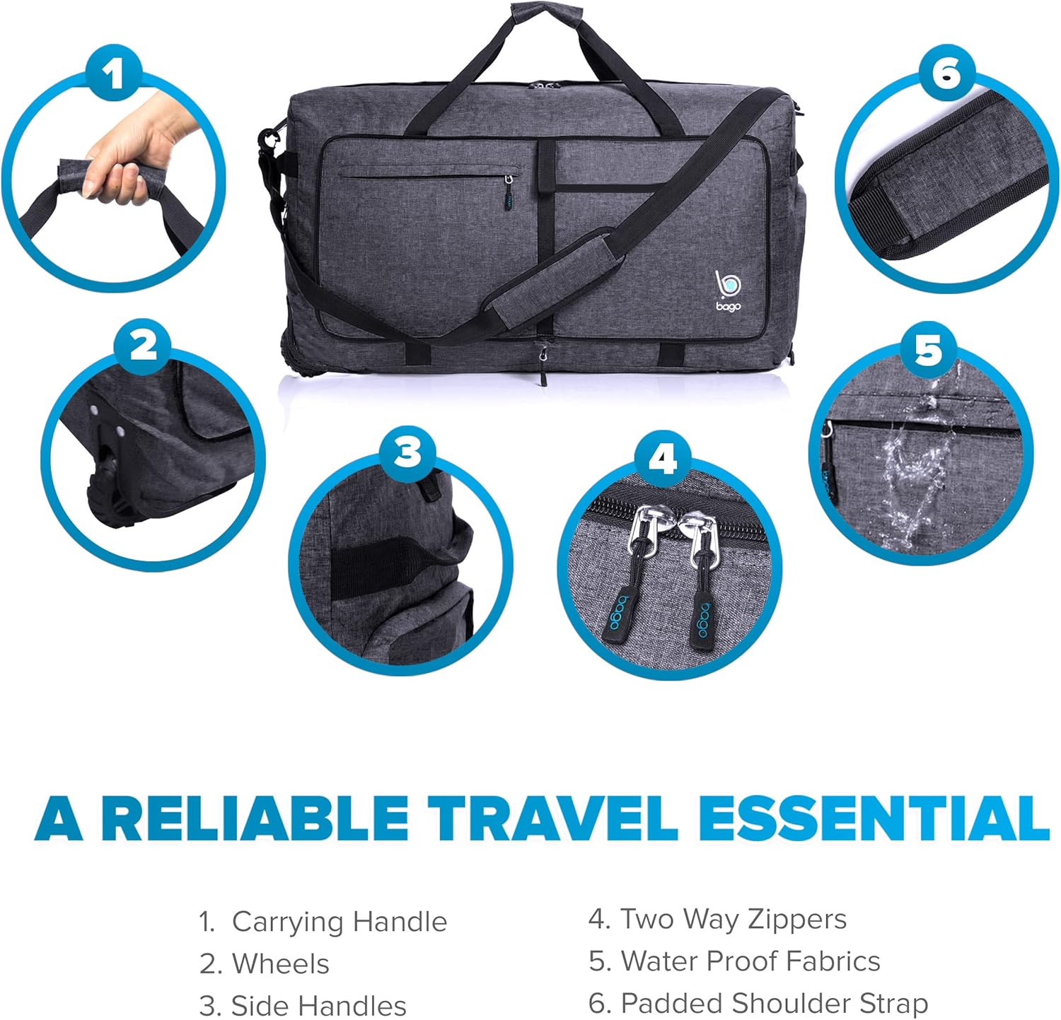 Bago Rolling Duffle Bag with Wheels - 27" 80L Foldable Weekender Bag, Waterproof Travel Duffel Bag, Heavy Duty Lightweight Duffle Bag for Traveling, Rolling Duffel Bag with Wheels (SnowBlack2023) - Image 5