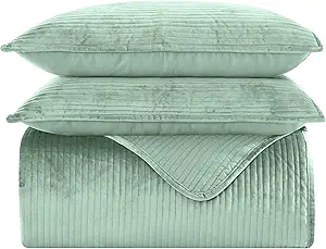 Elegant Comfort Luxury 3-Piece Velvet Corduroy Stripe Quilt Set, Ultra Soft Bedspread - Cozy Velvet Coverlet Set - 3PC Medium Weight Quilted Set with Matching Pillow Shams, King, Smoke Green
