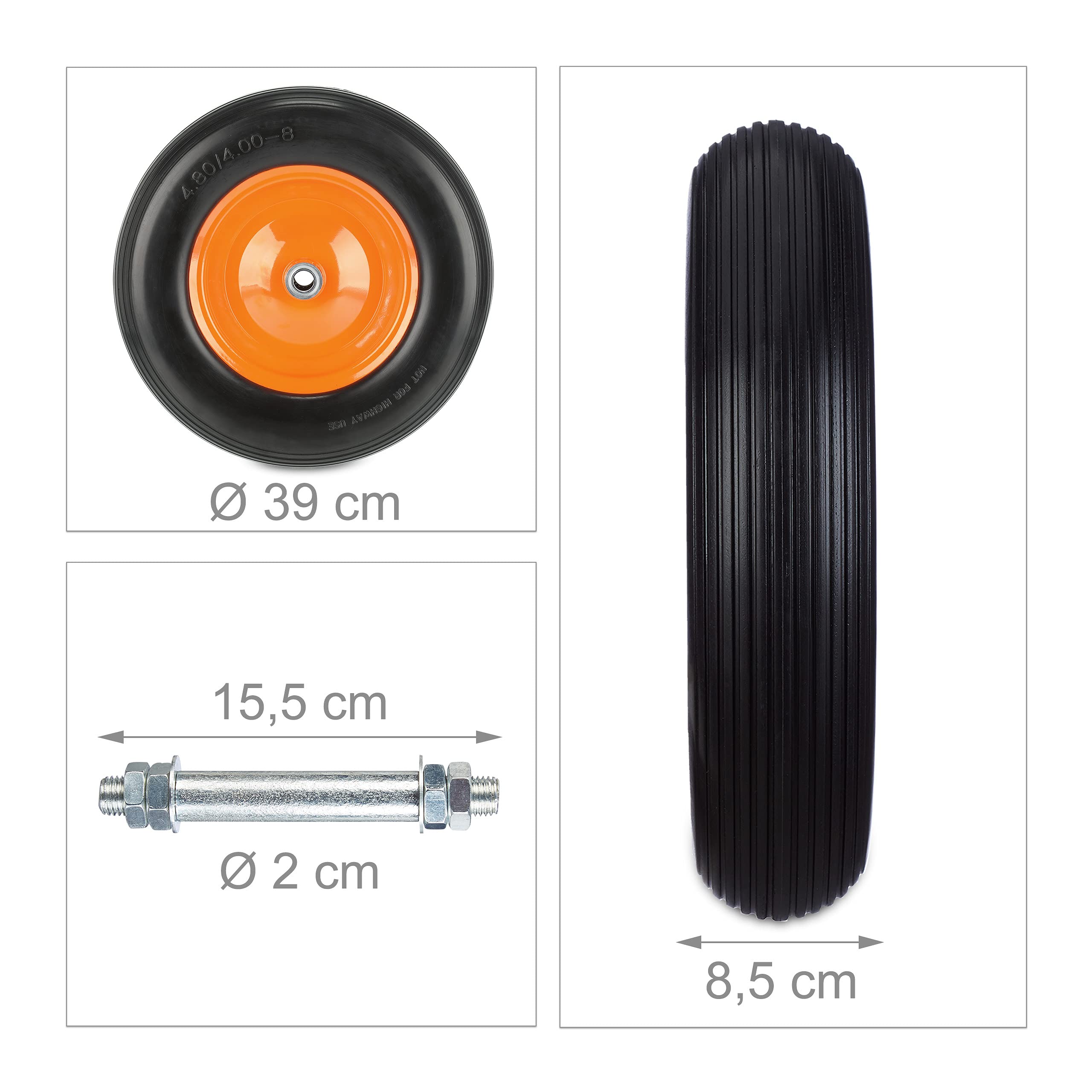 Relaxdays Rueda Carretilla Recambio, 4.80 4.00-8, con Eje, Antipinchazos, hasta 120 kg, Llanta Acero, Negro y Naranja