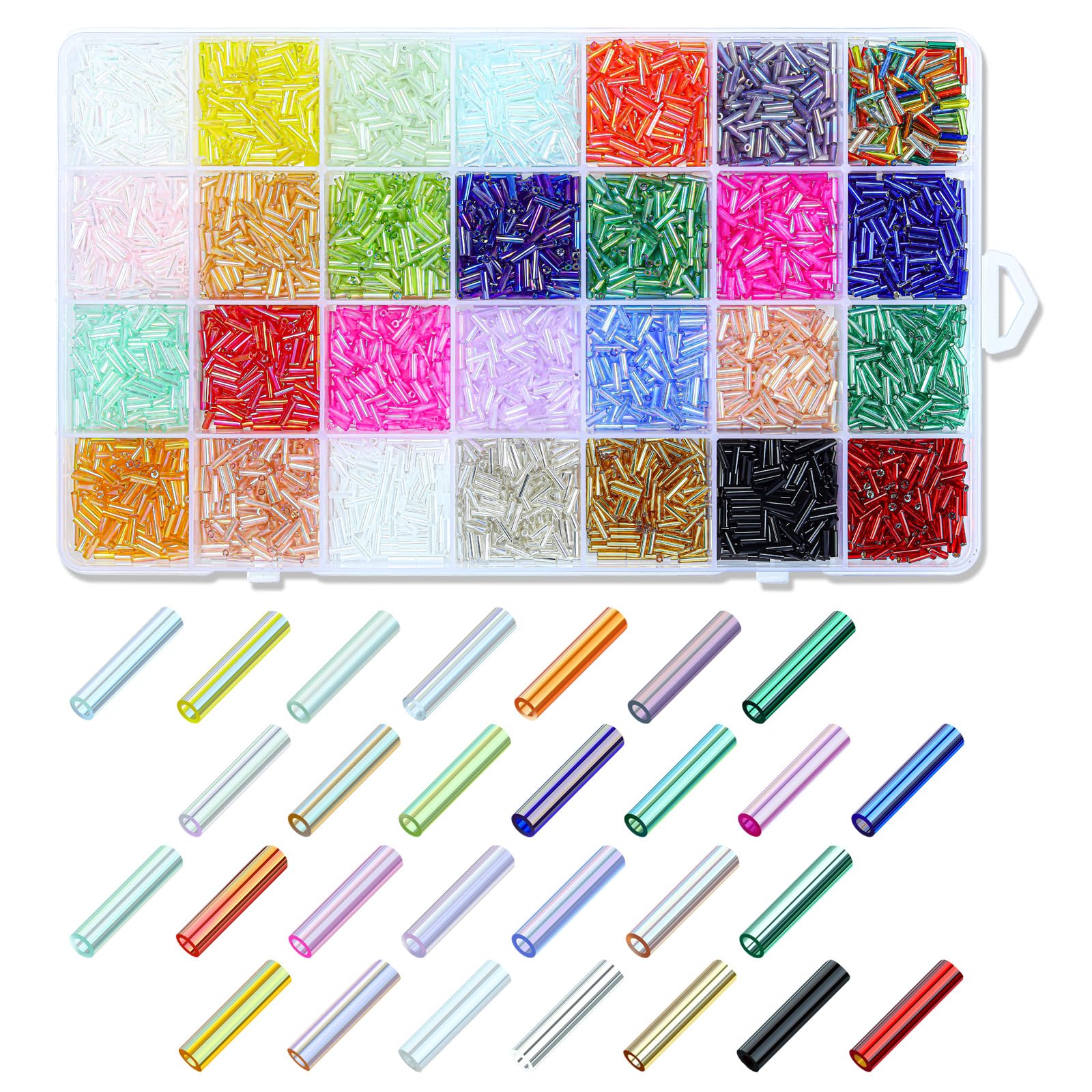 Gkelaly 2x7mm Glass Bugle Beads Kit,Pastel & Iridescent Long Tube Beads for Jewelry Making, Bracelet, Embroidery & Crafting in Storage Box, 28 Vibrant Colors