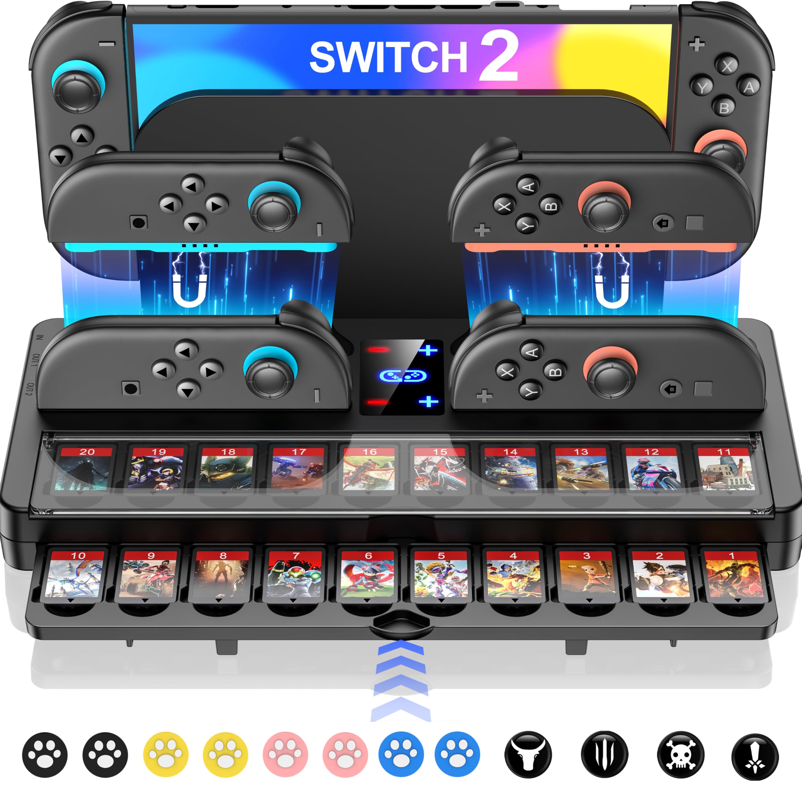 25 Slots Switch 2 Charging Organizer Storage Compatible with Nintendo 2 Accessories w Extended USB C Cable & LED Indicator (M-Charging Organizer w Joystick Covers)