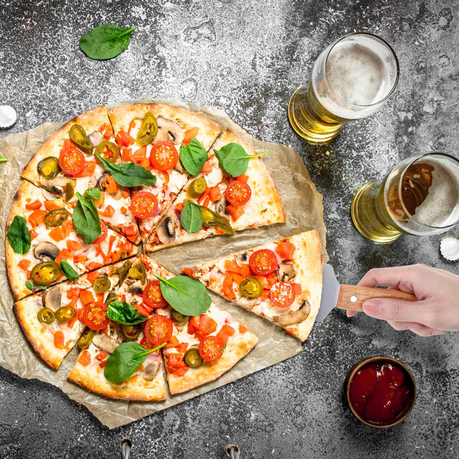 12 espátulas para servir pizza, con mango de madera, de acero inoxidable, aptas para pizza, fáciles de agarrar, espátulas para tartas, cuchillos y pasteles