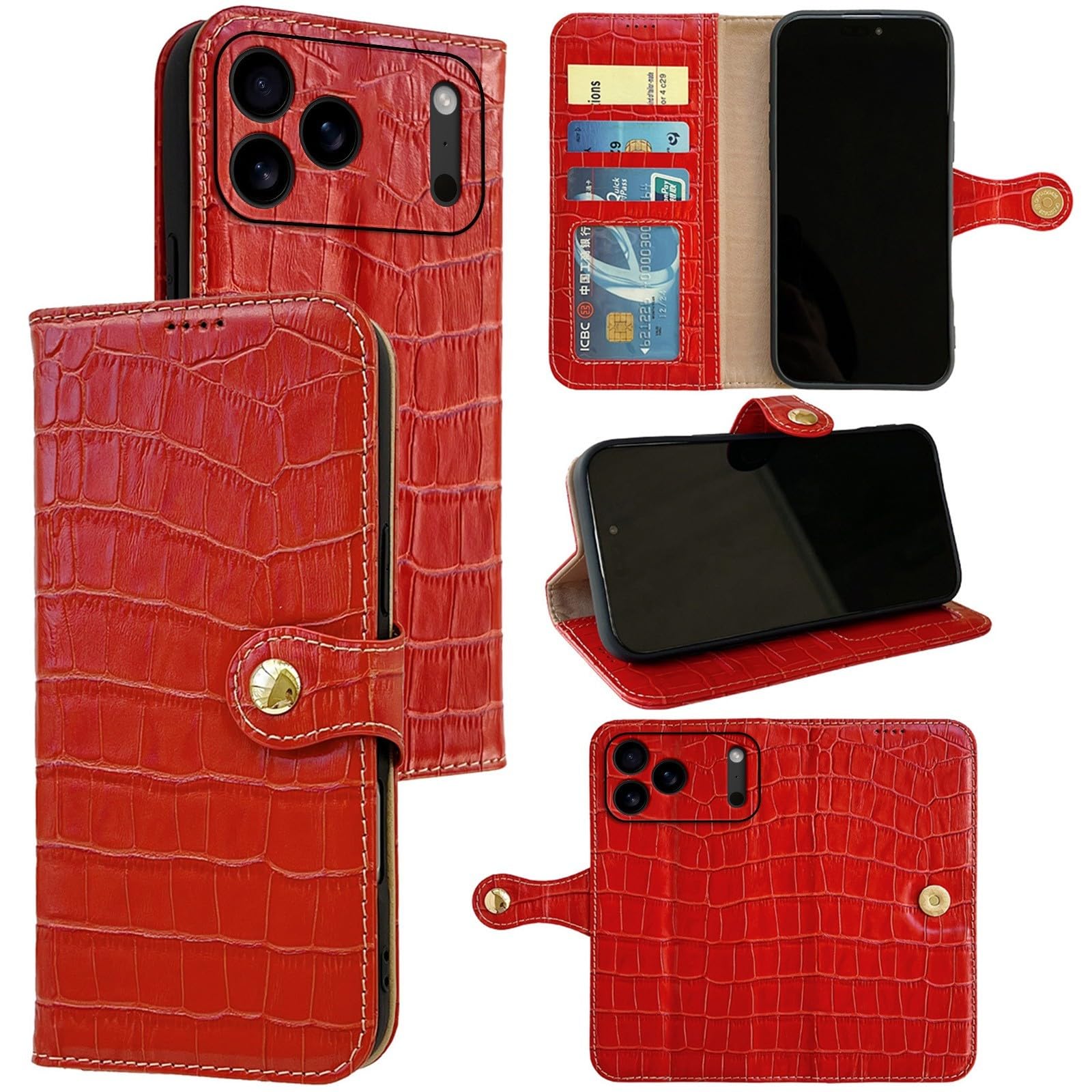 Étui iPhone 16 Pro Max rouge housse cuir véritable clapet rabat portefeuille - 8