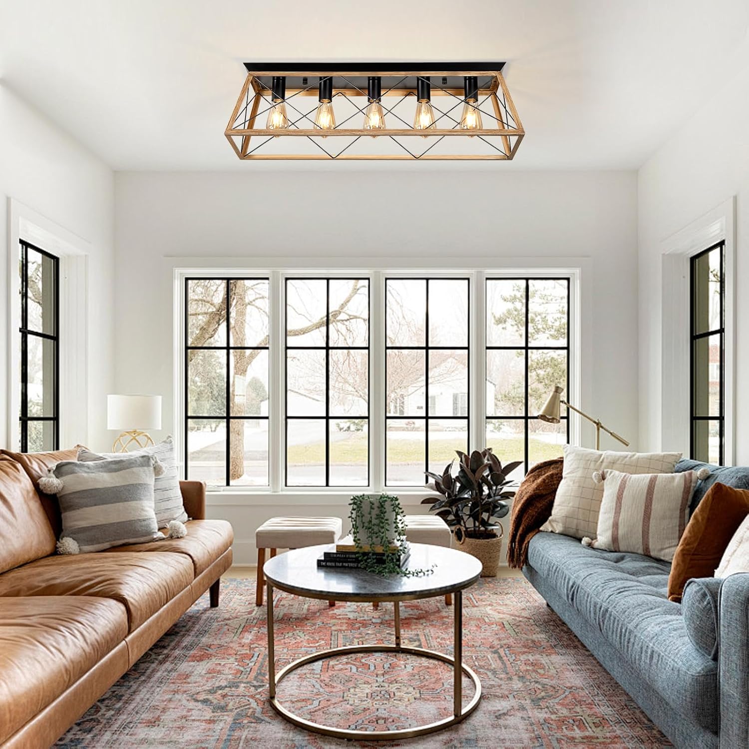 31.5 Inch Flush Mount Ceiling Light, 5-Light Vintage Industrial Farmhouse Chandelier with Walnut Accents, Dimmable Close to Ceiling Fixture for Kitchen Island Dining Room Living Room