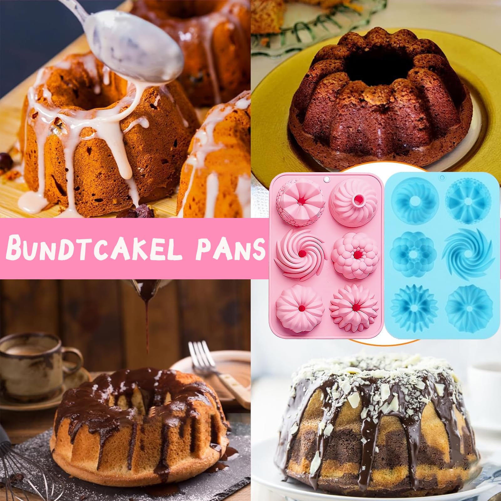 2 x silikonowa forma do pieczenia Kouglof, 6 różnych kształtów, wzór rowków, silikonowa forma do pieczenia ciast, deserów, czekolady, galaretki (różowa, niebieska)