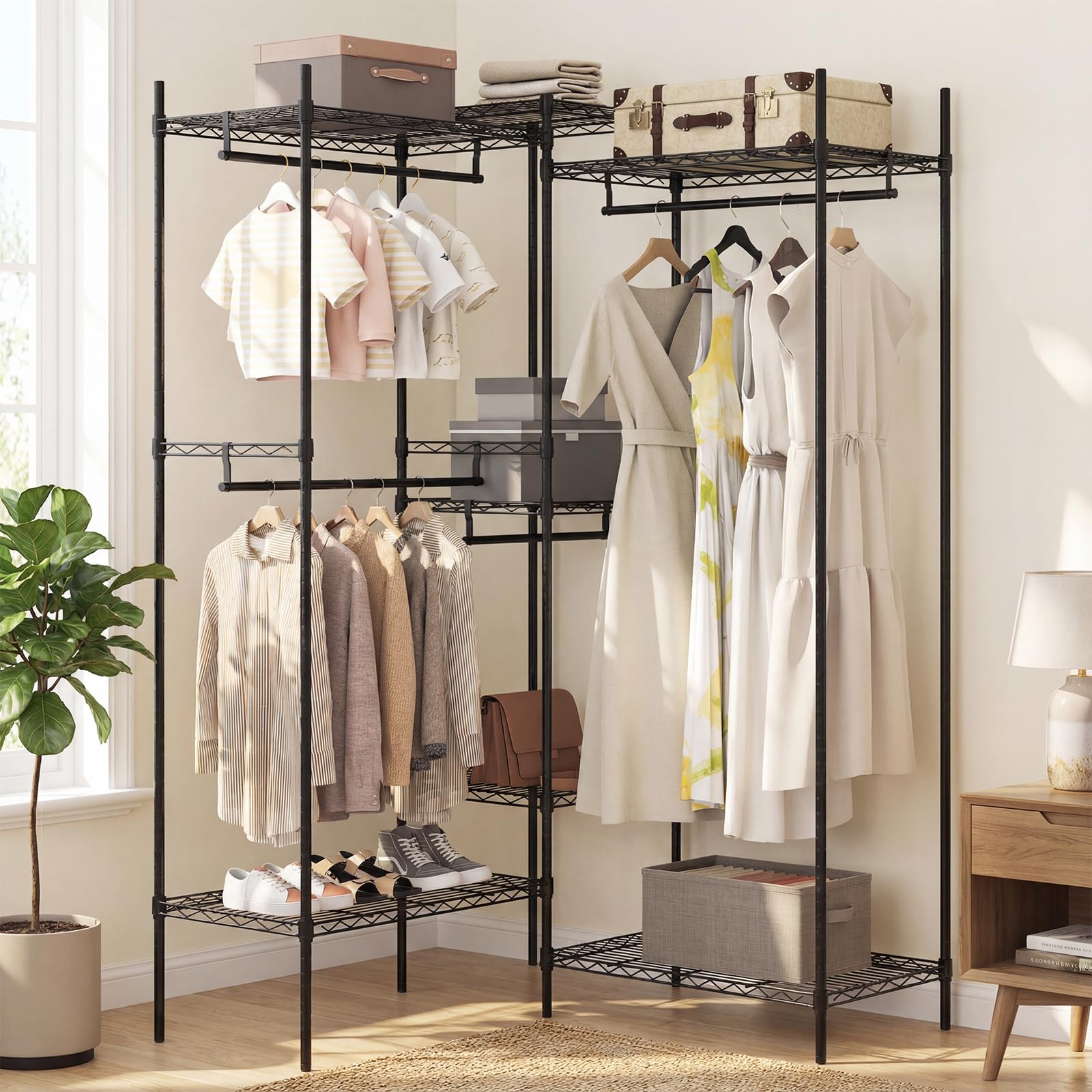 COSTWAY Armario Ropa Metálico, 7 Estantes Ajustables y 4 Barras para Colgar, Perchero Burro Ropa, Convertible con Instalación en L y Horizontal, 188 x 46 x 198 cm, Carga 530 kg (Negro)