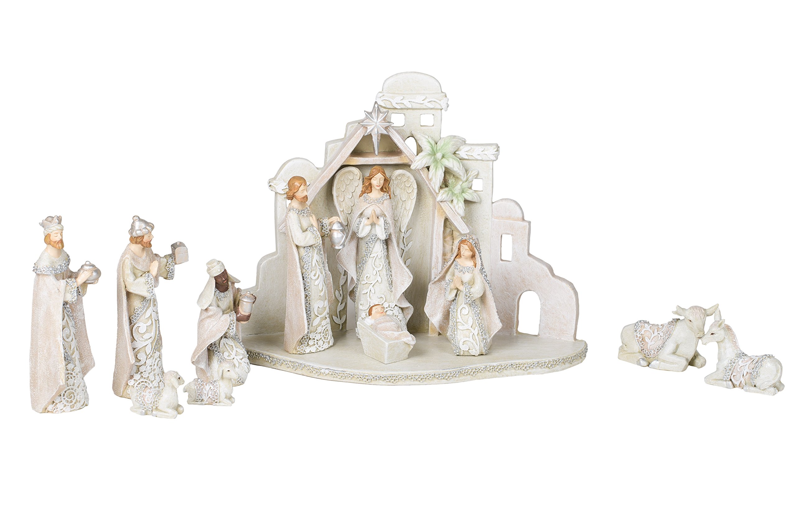 Filigree Ivory Lace Resin Dolomite Nativity and Creche Stable 12 Piece Set