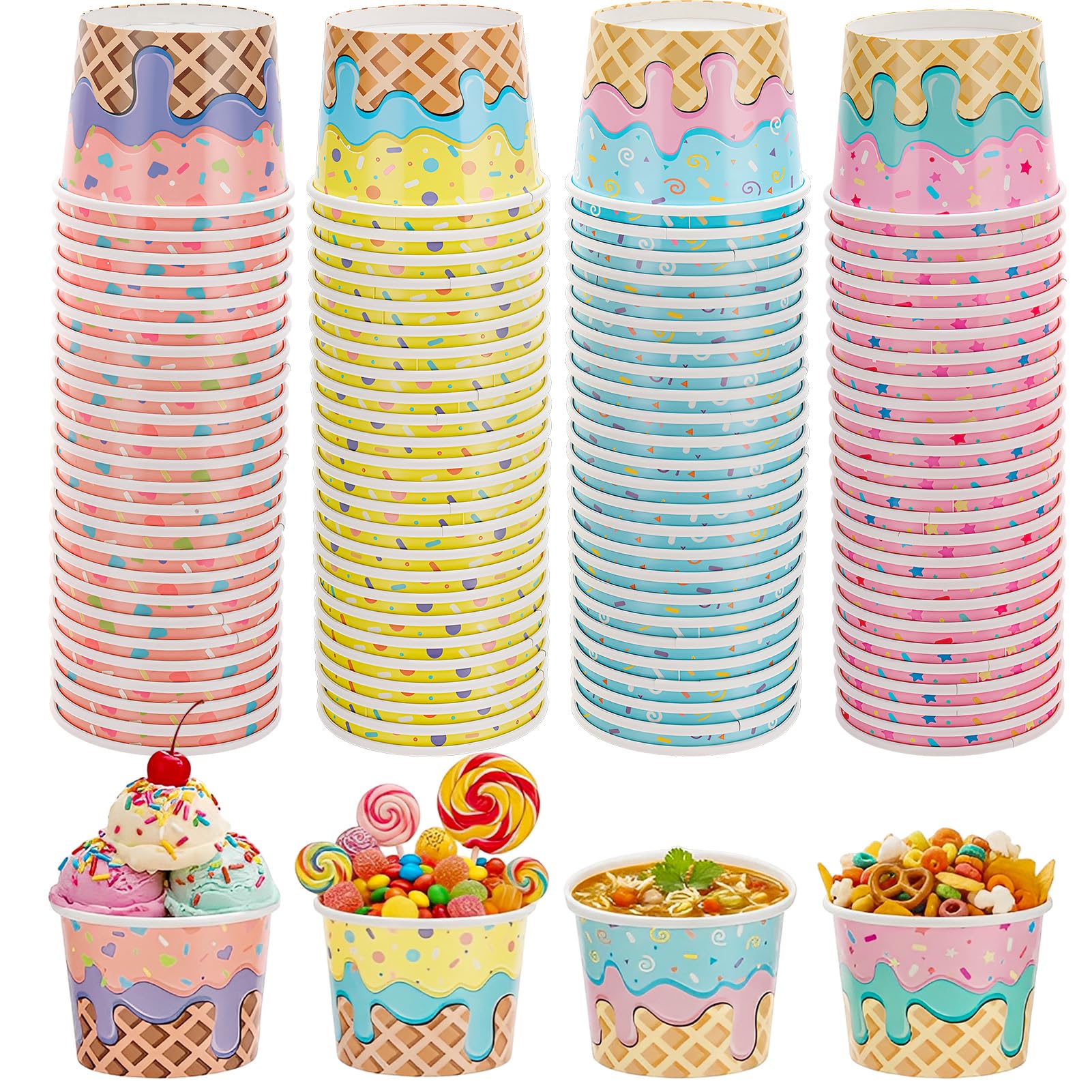 saerryor 100 Pack Paper Ice Cream Cups, 8oz Colorful Paper Dessert Bowls 4 Designs for Hot or Cold Food Sundae Frozen Yogurt Soup