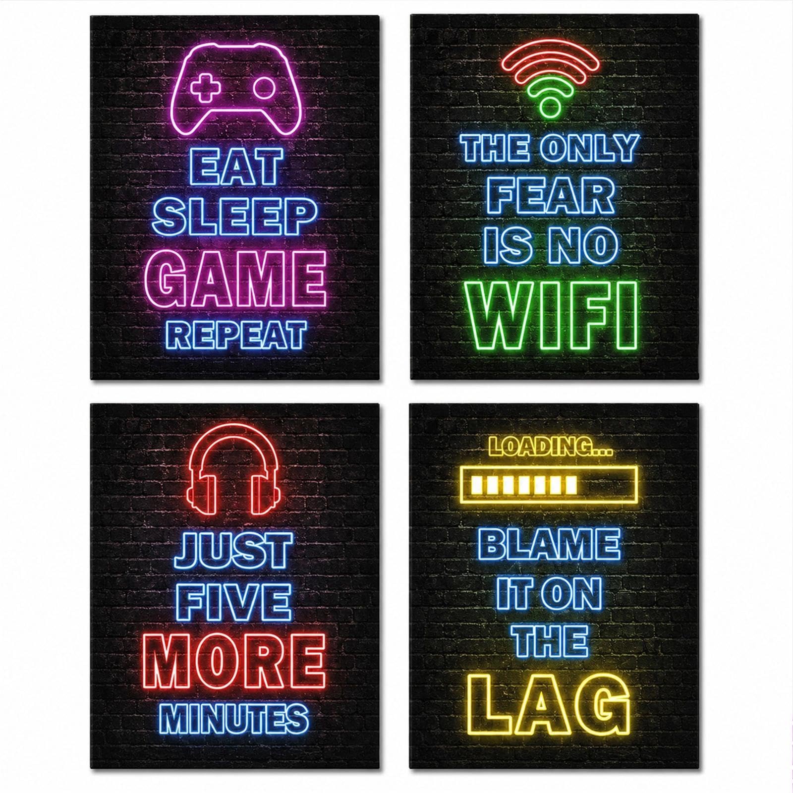 4 Pcs Gaming Wall Art, Neon Gaming Posters Canvas Prints, Gamer Bedroom Wall Decor Set for Boys Teen Room, Esports Venue, Gaming Lounge, Playroom & Pub