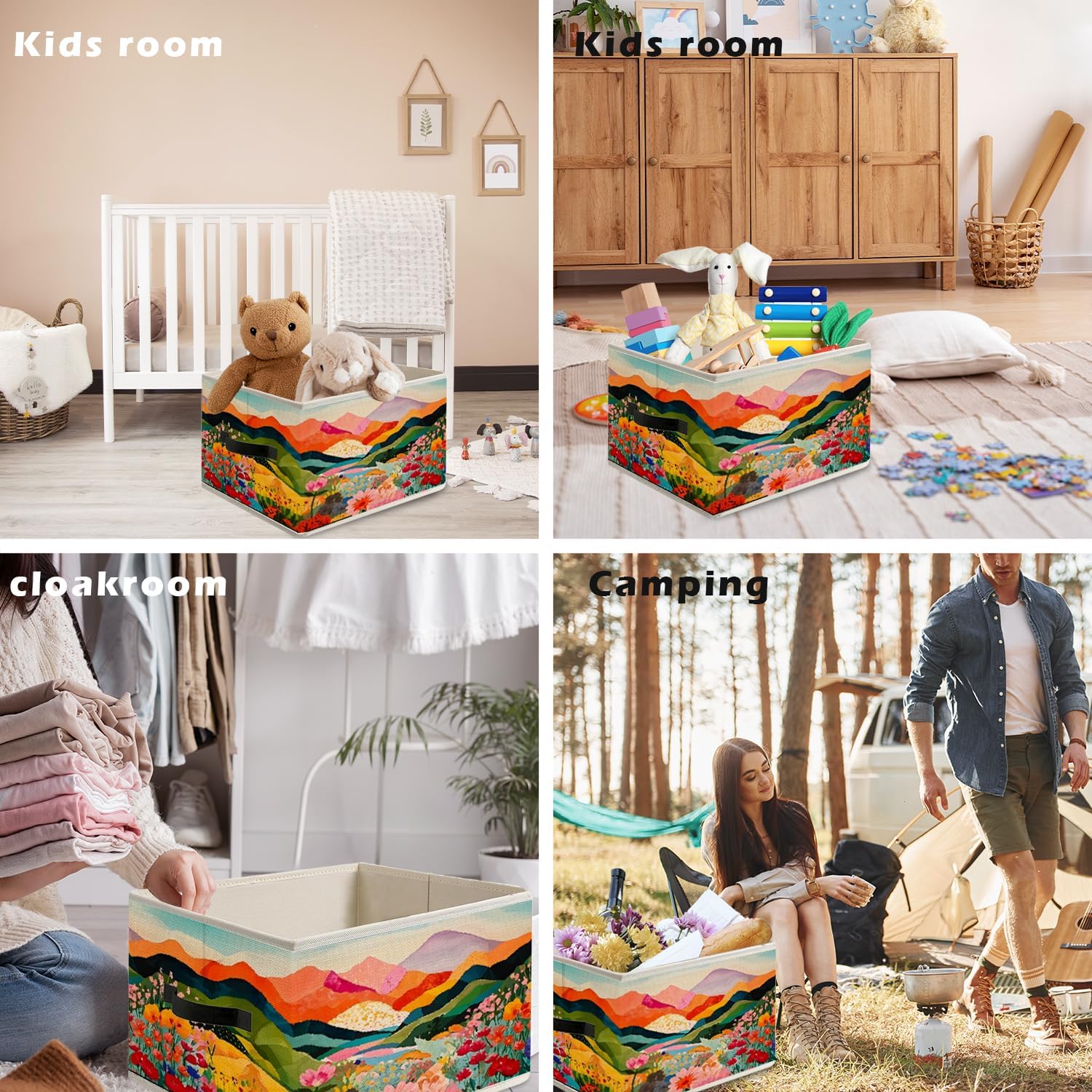 Abstract Maximalist Floral Mountain Storage Bin Box with Handles, Modern Vibrant Wildflower Foldable Organizer Basket Toybox for Girls Room Bedroom Bathroom Clothes Toys Books