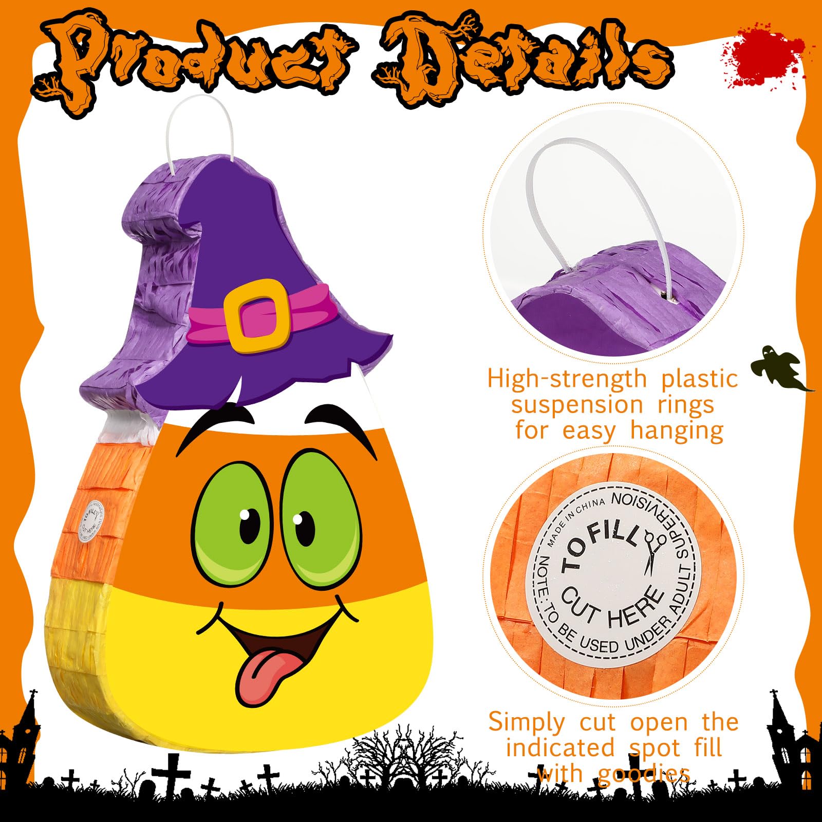 Aoriher Piñata de Halloween Piñata de Maíz Dulce con Set de Confeti Palo y Venda de Ojos Piñata para Rellenar Dulces con Tema de Halloween Truco o Trato Piñata Mexicana para Juego de Fiesta Halloween