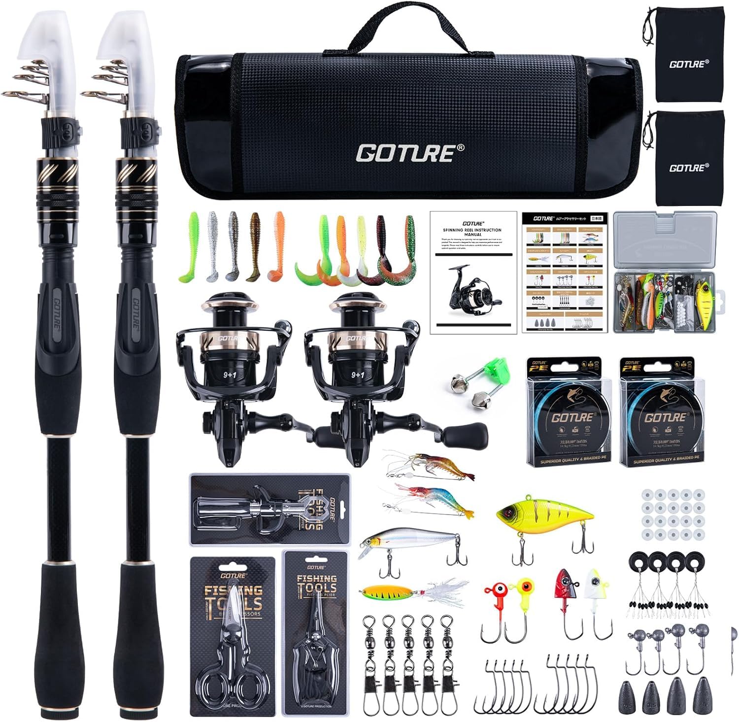 Goture Set da pesca con 2 canne da pesca telescopiche (24T), set completo 2 5.2:1 mulinello (9+1 cuscinetto), filo, scatola per esche e borsa per il trasporto, per acqua salata/dolce, regalo da