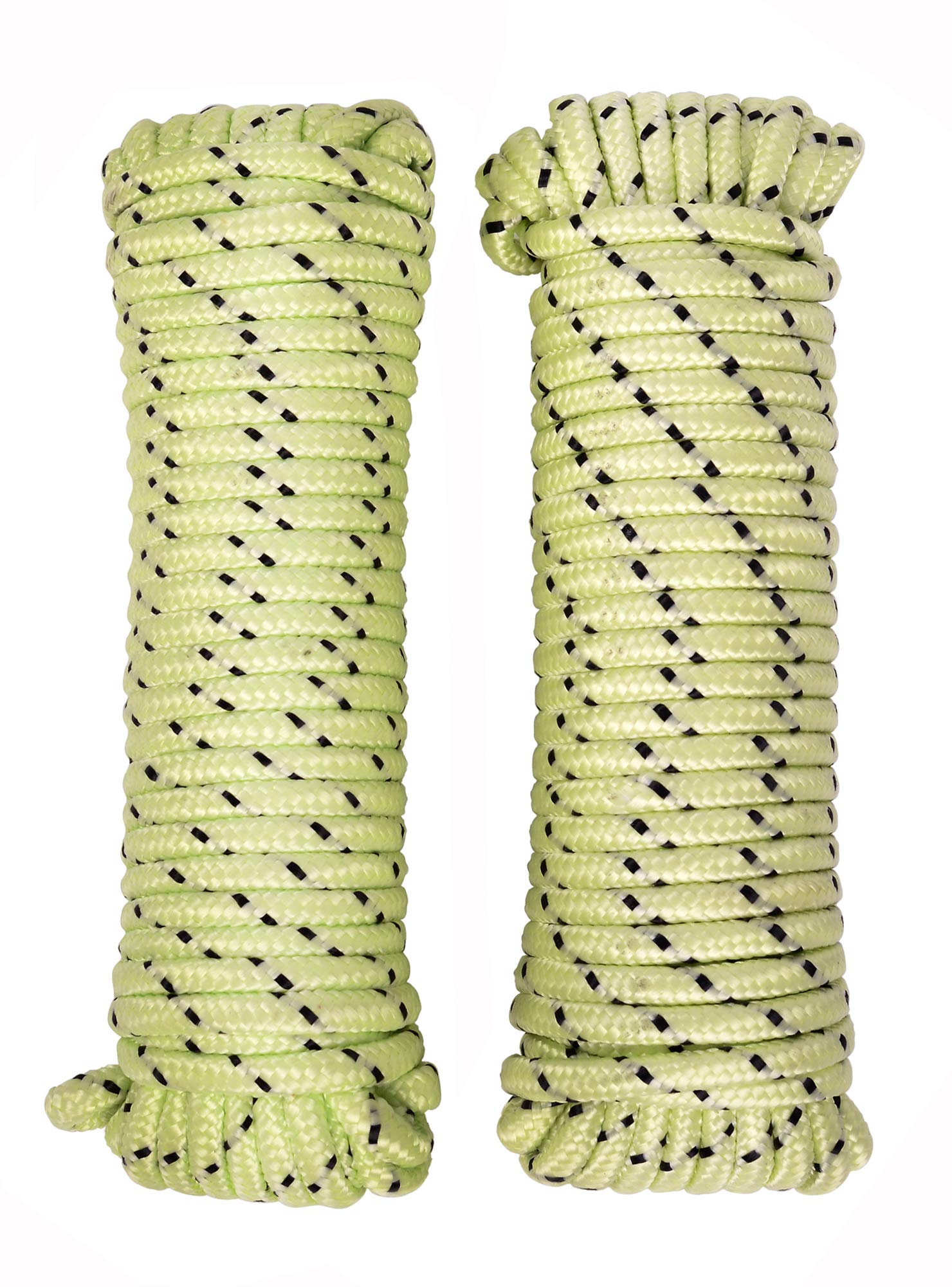 Nylon Rope Paracord Twine - 1/4 inch by 50ft, 16 Strands Diamond Braided,Loading Capacity 280Lbs, Twin Pack, Using for Camping and Outdoor Living (Twin Pack, Fluorescene)