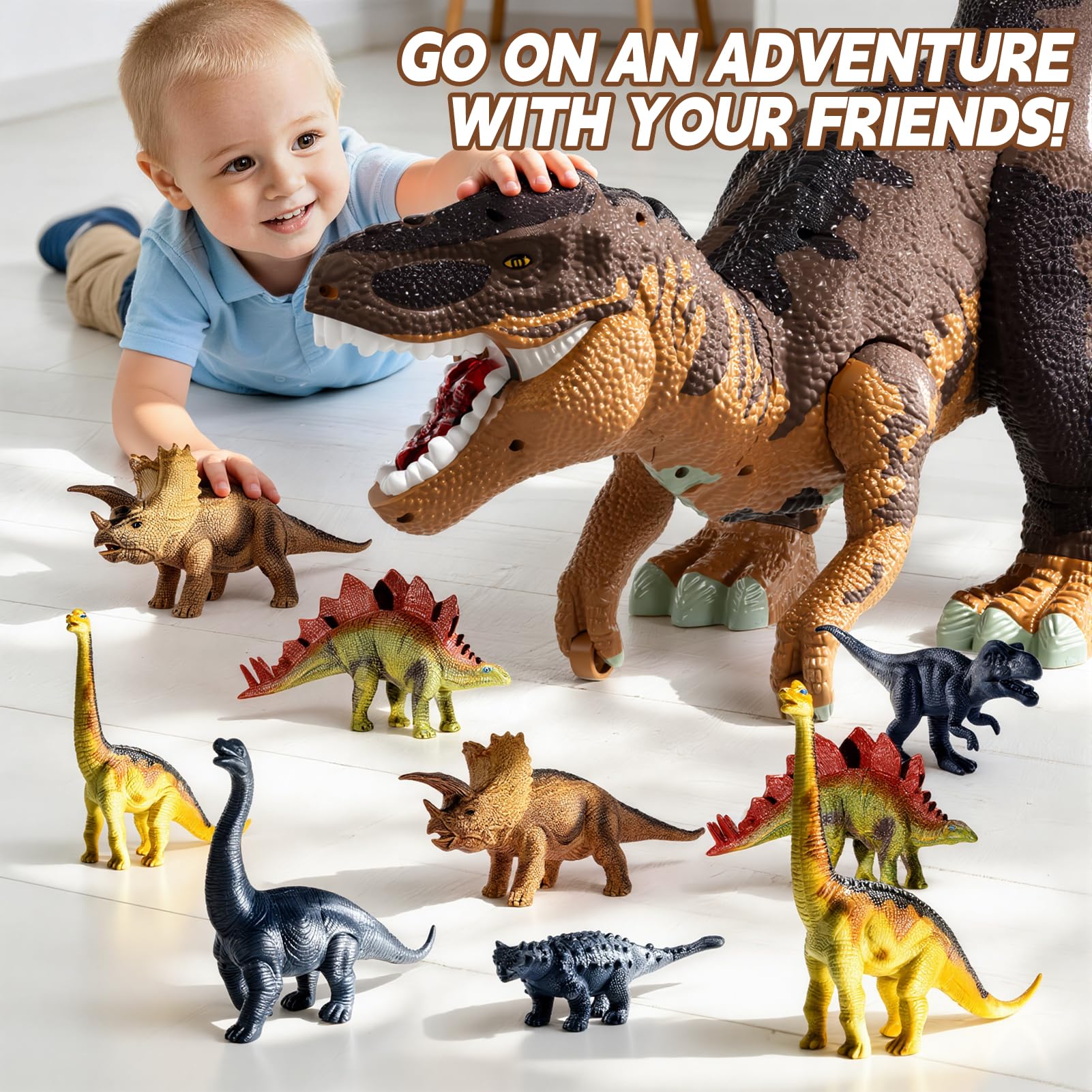 Figura de Dinosaurio de 24 Pulgadas con Ruedas Móviles, Rugido y Spray de Neblina – Cabeza y Cola Extraíbles, Contiene 10 Mini Dinosaurios – Juego Interactivo para Niños (Marrón)